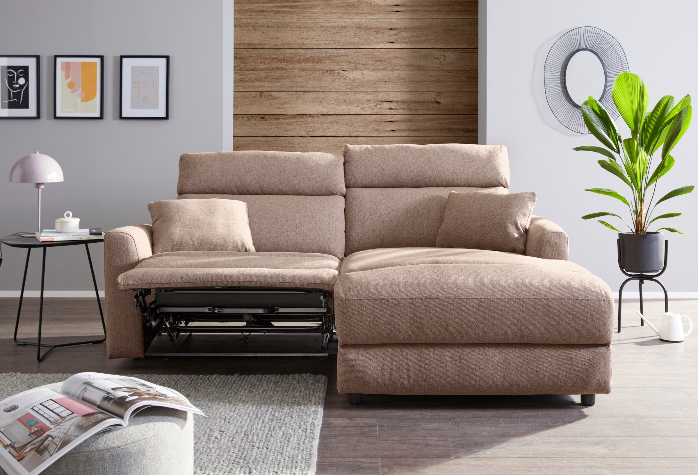 INOSIGN Ecksofa »JENNA, L-Form, 209cm, manuelle u. elektrische Funktion, mit USB A/C,«, Liegefunktion 105°-150°, Federkern, Struktur fein