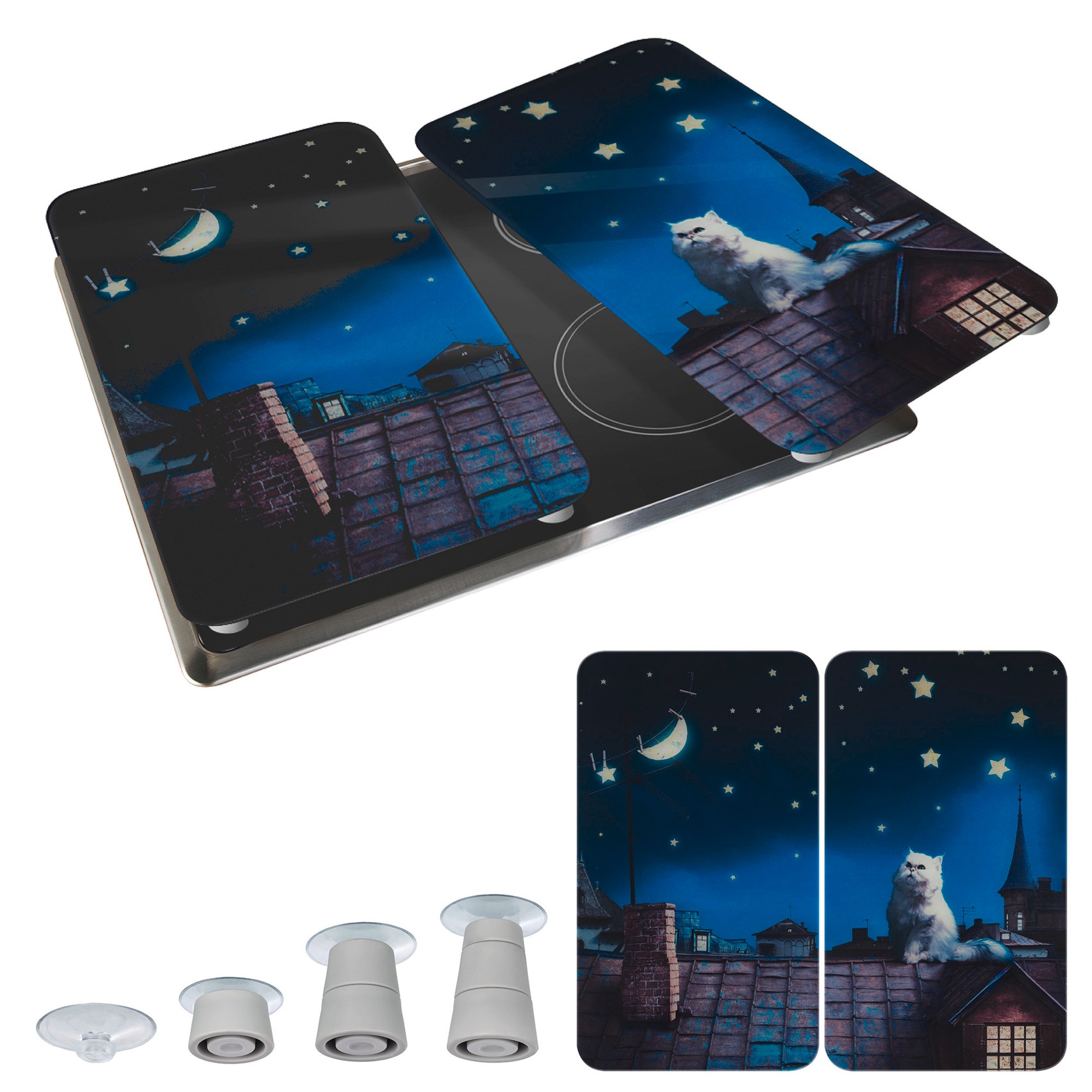 WENKO Herd-Abdeckplatte »Universal Modell Moon Cat«, (Set, 2 tlg.), Herdabdeckung für alle Herdarten, kratzfest, mit rutschfesten Füßen