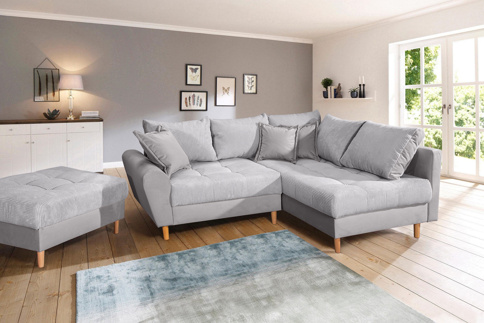 Home affaire Ecksofa »Rice L-Form inkl. Hocker«, (Set, mit Hocker), mit Bonnellfederkern, Hocker & Kissen, Ottomane beidseitig montierbar