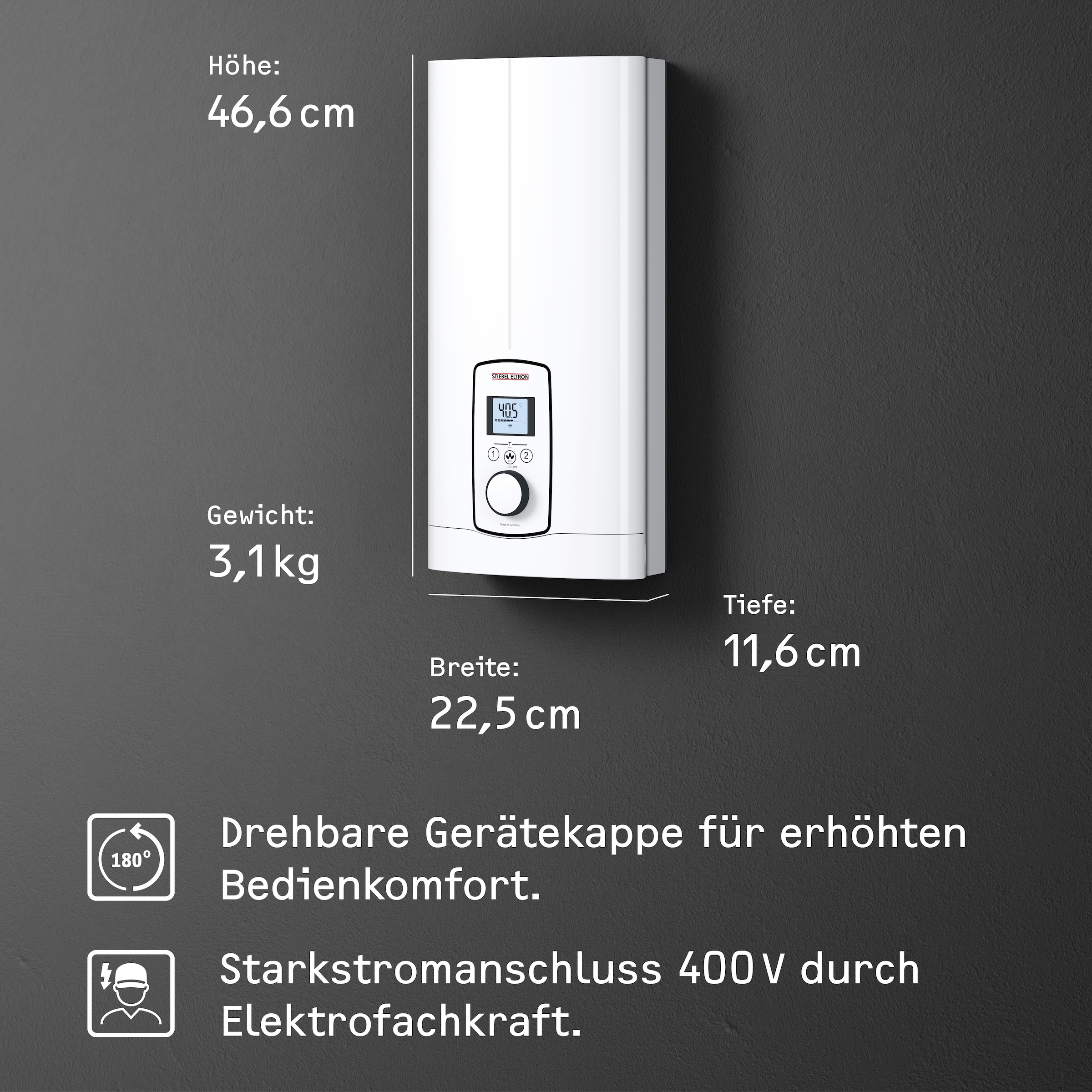 STIEBEL ELTRON Komfort-Durchlauferhitzer »DEL 27 kW Plus, gradgenaue Temperaturwahl«, 3i Technologie für konstante Warmwassertemperatur, Multifunkt.-Display