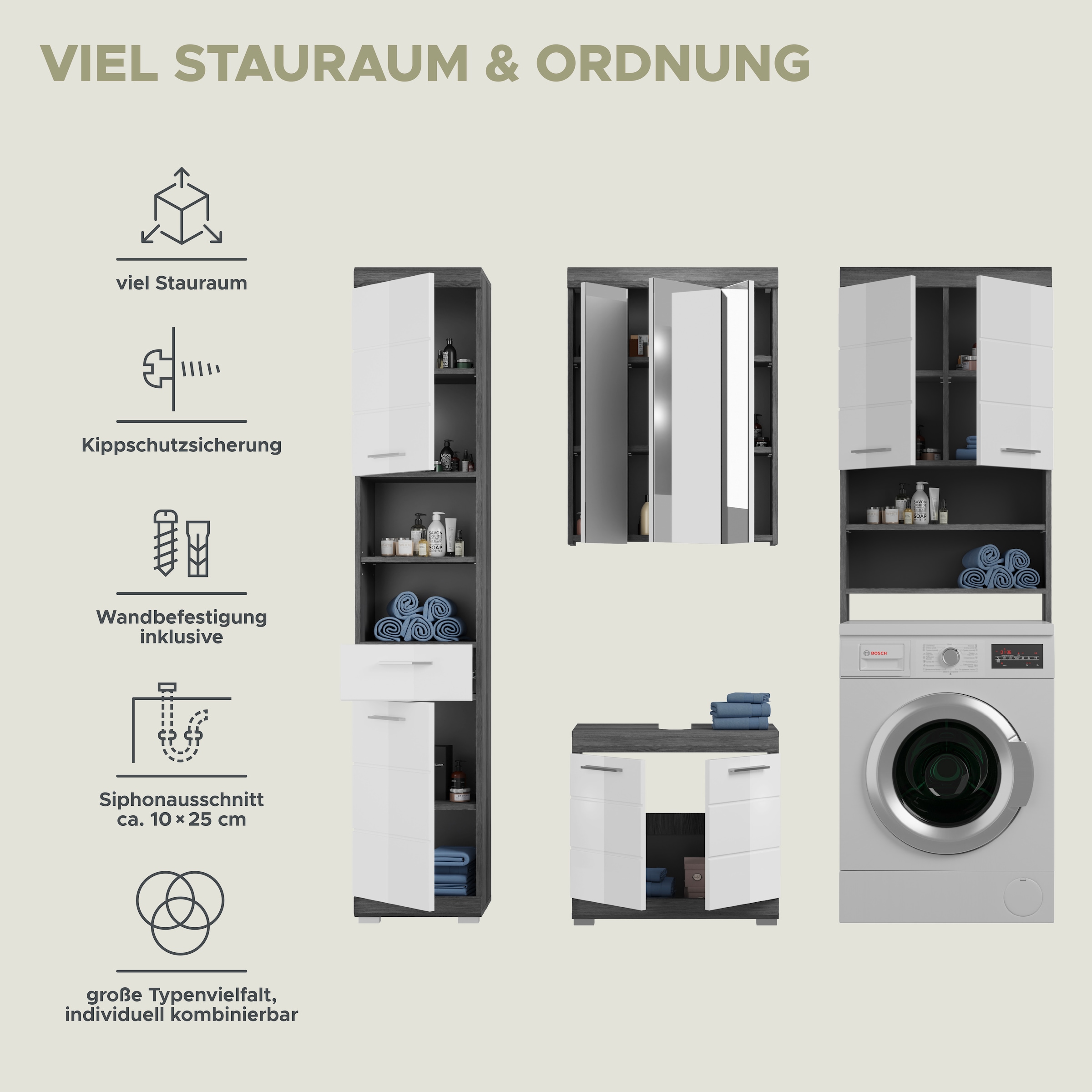 INOSIGN Badmöbel-Set »Siena, 4 teilig, bestehend aus:«, (Set, 4 St.), Hochschrank, WBU, Spiegelschrank, Waschmaschinenumbauschrank