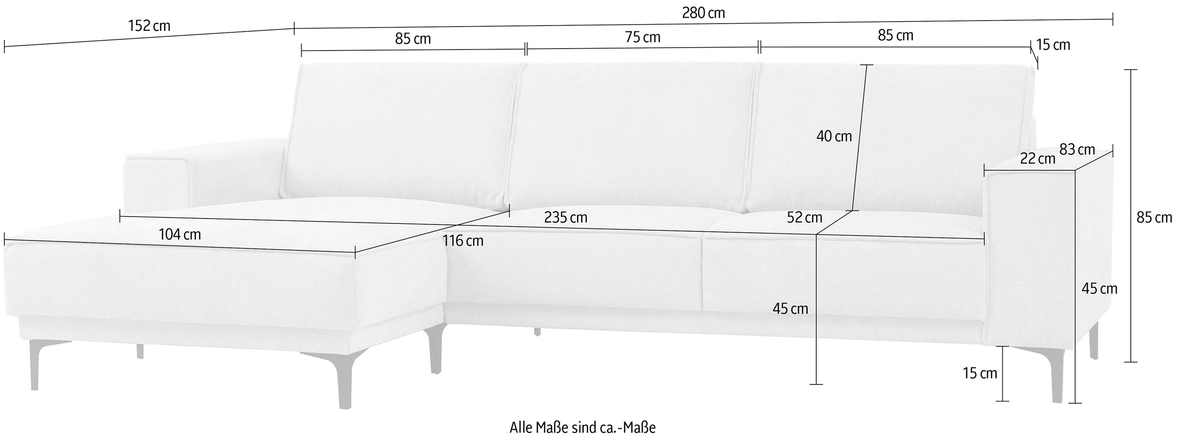 Places of Style Ecksofa »Polsterecke Oland, Struktur, Flachgewebe, Luxus-Microfaser, Boucle«, L-Form, 280 cm, Wellenunterfederung, Skandi-Design, Metallfüße
