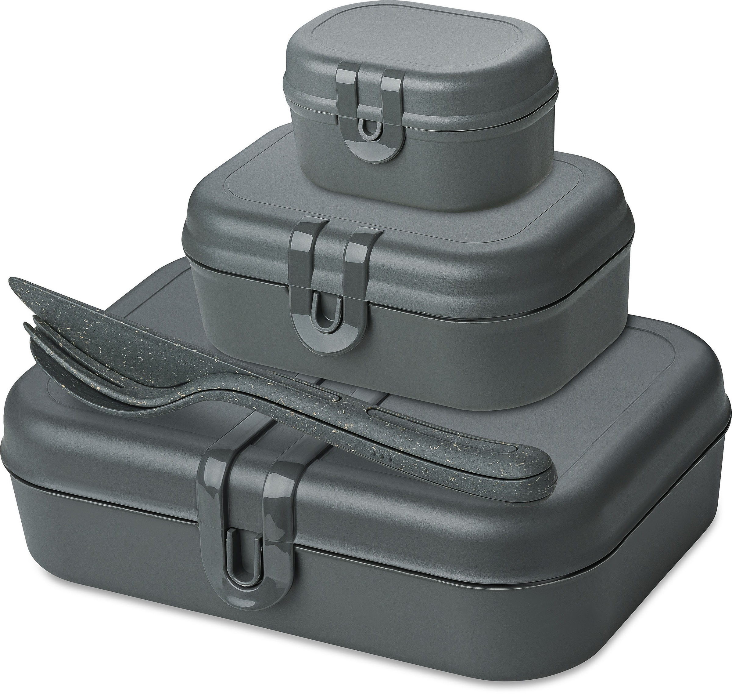 KOZIOL Lunchbox Set, 3 Lunchboxen +1 Besteckset bestehend aus 1x Messer,1x Gabel, 1x Löffel, 6 Stk. tlg. biozirkulärem Material,spülmaschinengeeignet,