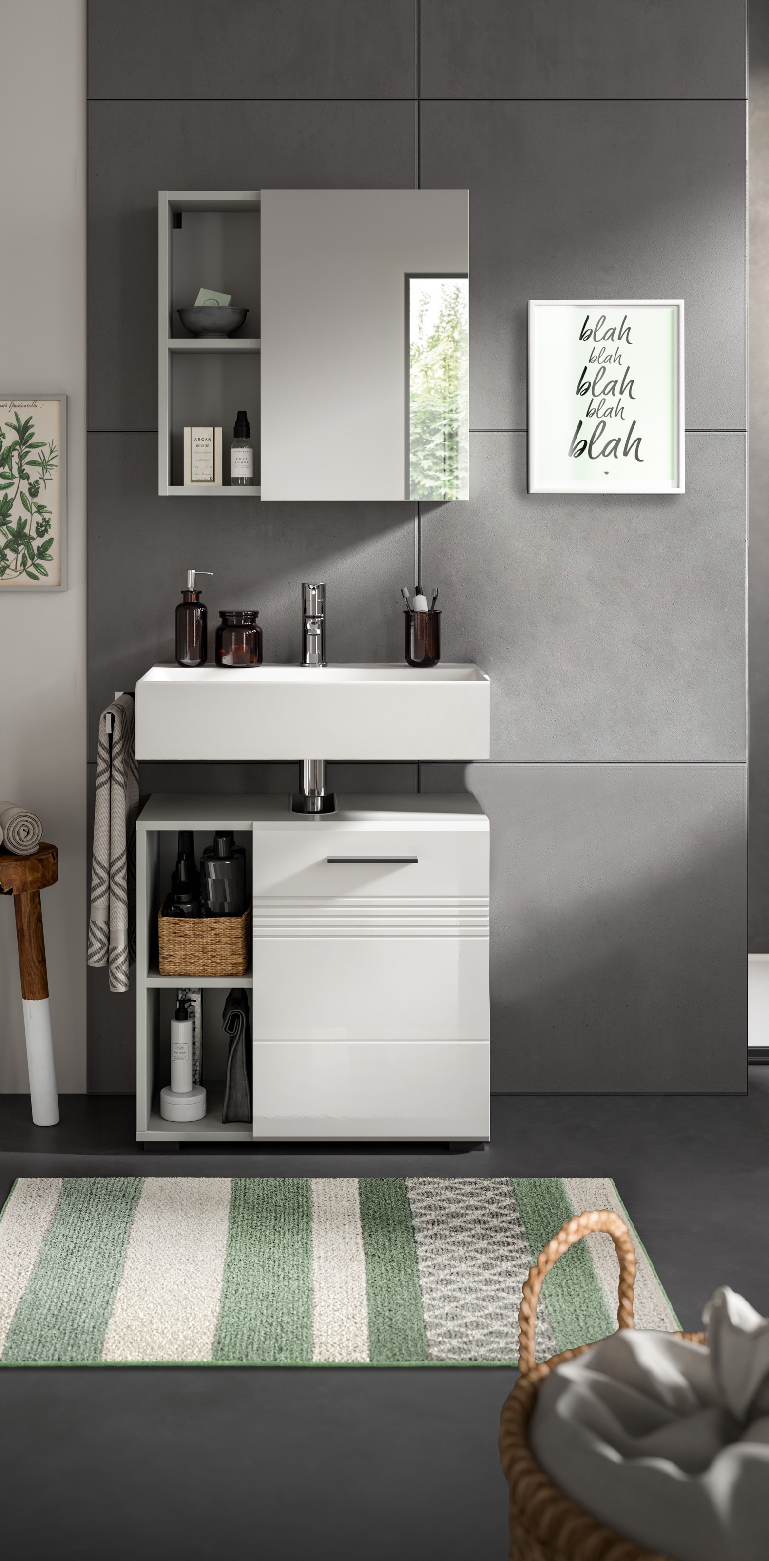 welltime Badmöbel-Set »Calicio, bestehend aus: Waschbeckenunterschrank, Spiegelschrank«, (2 St.), hochwertige MDF Front mit Rillenfräsung