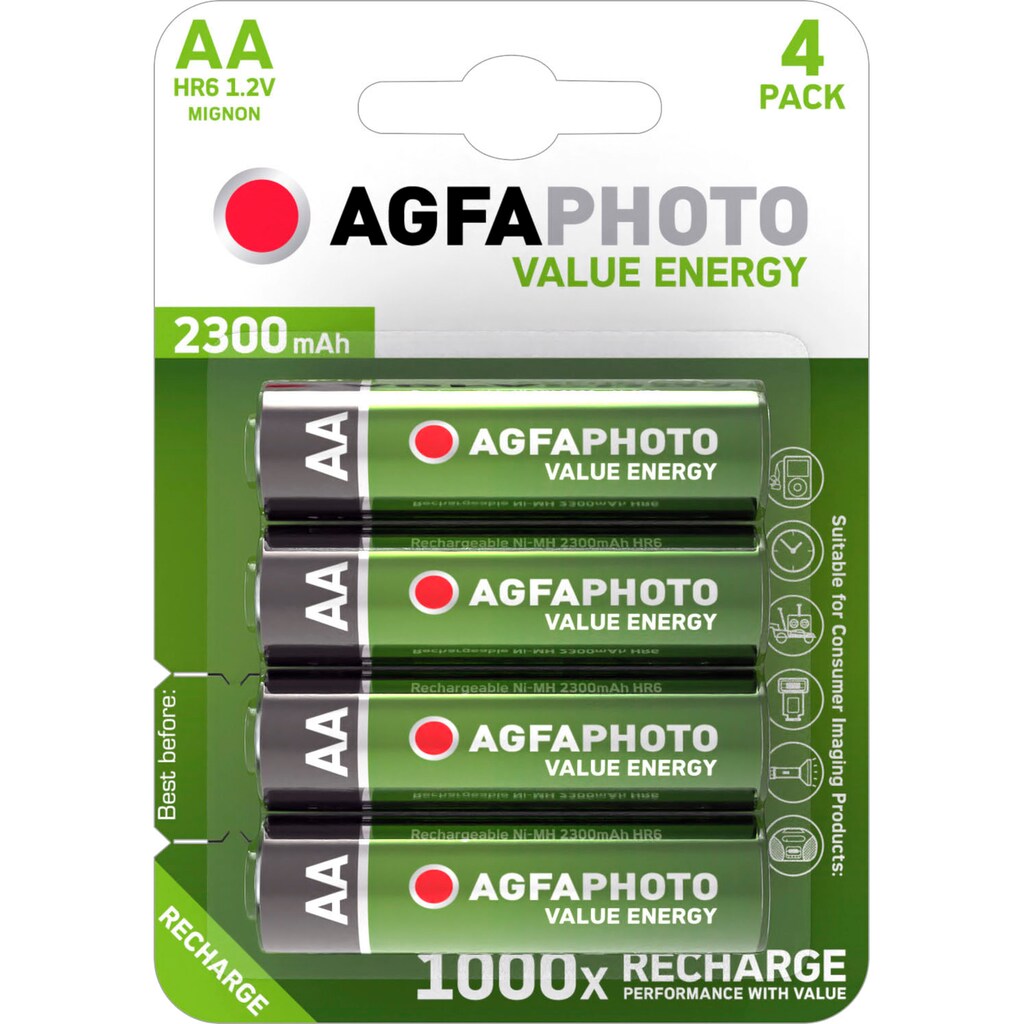 AgfaPhoto Akku »4er Pack Value Energy, wiederaufladbare AA Akkus«, 2300 mAh, bis zu 1.000x wiederaufladbar
