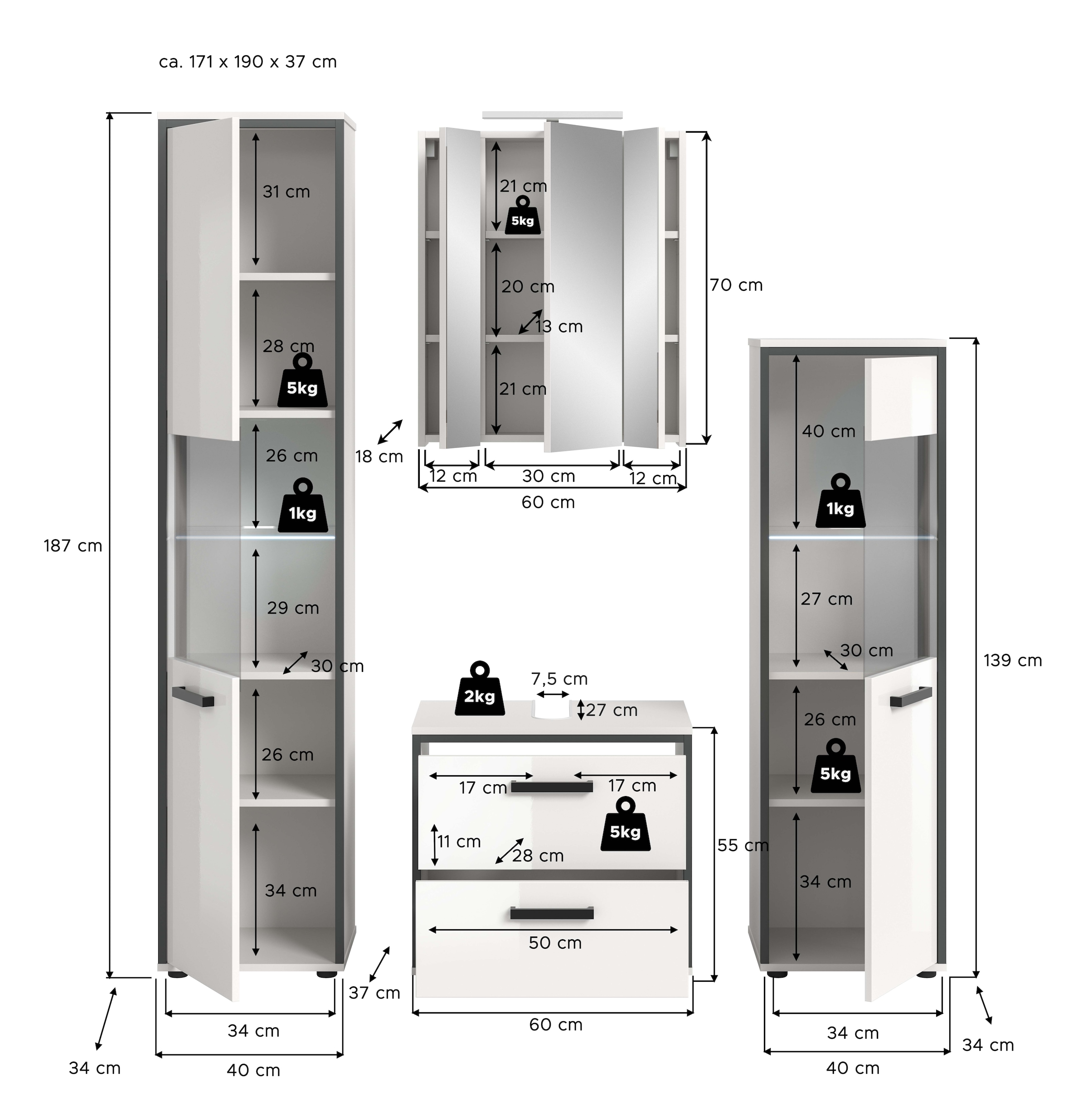 welltime Badmöbel-Set »KAJO, 4-tlg. Badkombination, weiß hochglanz inkl.Beleuchtung« Set, Set, best. aus:Hochschrank,Midischrank,WBU,Spiegelschrank,Beleuchtung, 7 Stk. tlg.