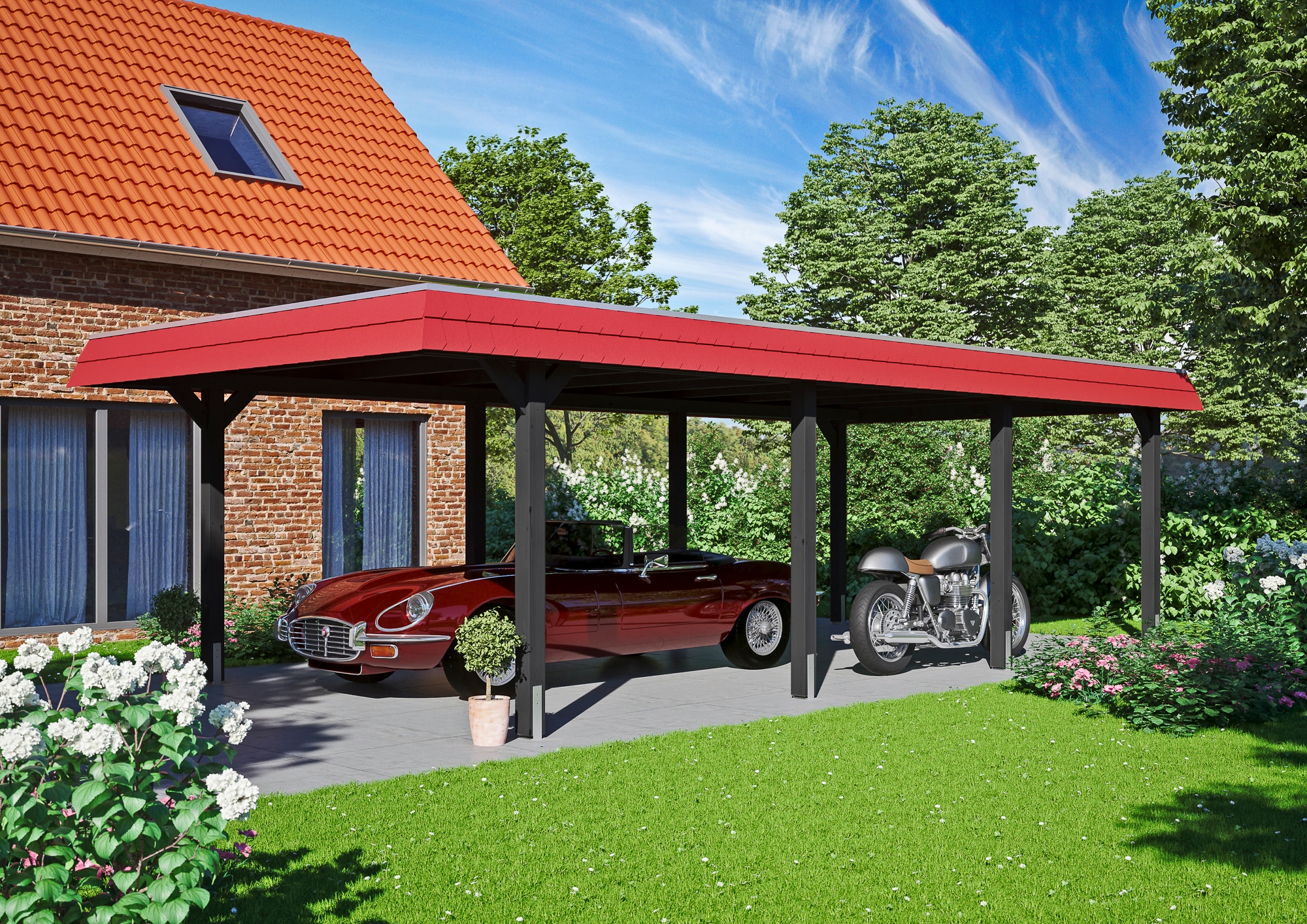 Skanholz Einzelcarport »Wendland« Massivholz 341 cm Anthrazit, rote Blende günstig online kaufen