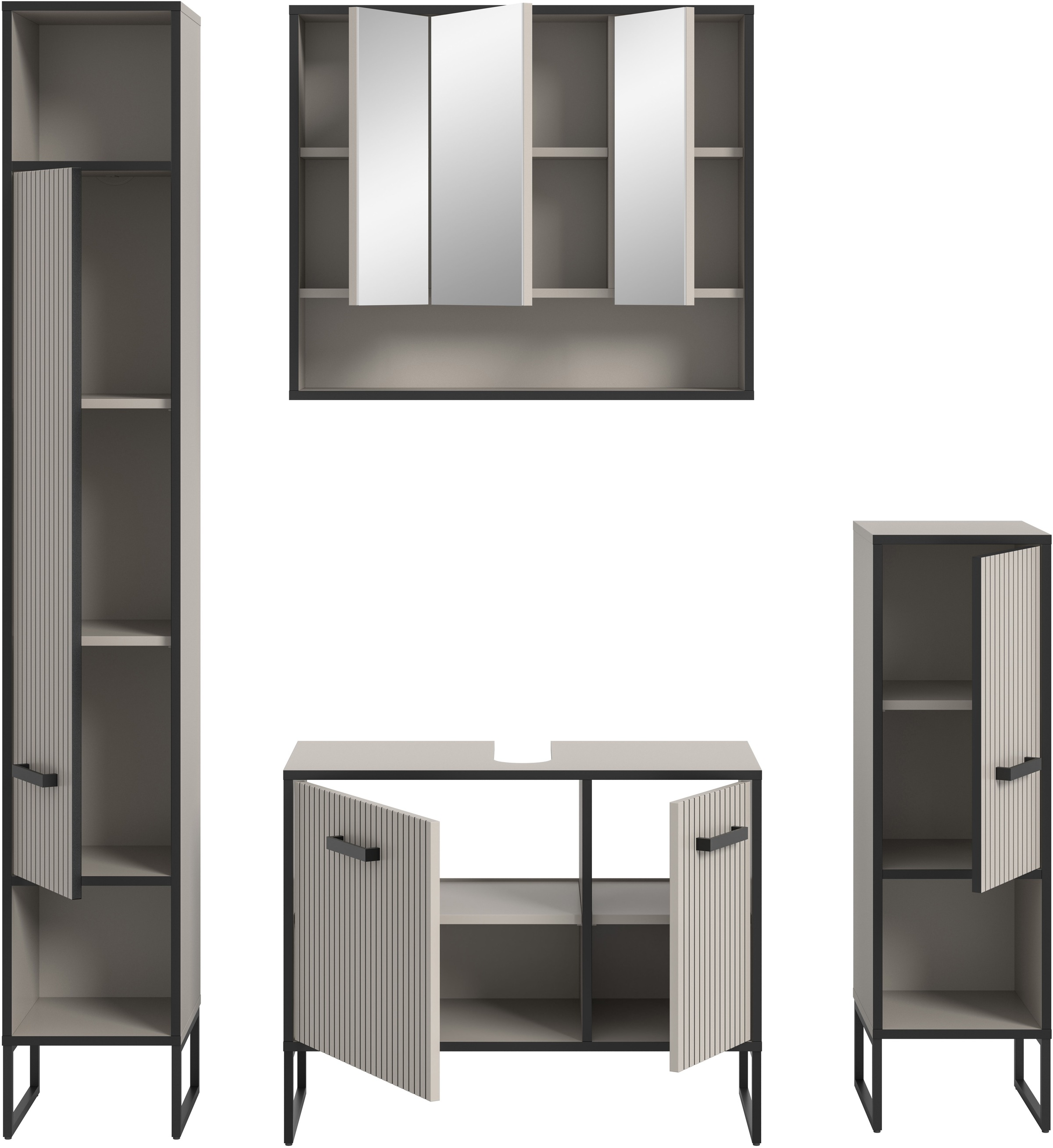 welltime Badmöbel-Set »Locri, Breite 170 cm, Rillenoptik, Metallkufen«, (4 St.), Hochschrank, Waschbeckenunterschrank, Spiegelschrank, Standschrank