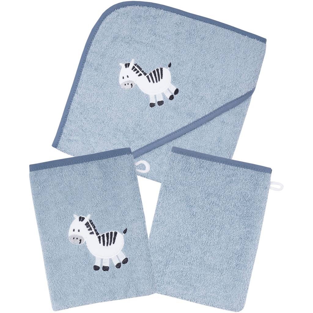 Wörner Handtuch Set »Zebra blau Kapuzenbadetuch mit 2 Waschhandschuhen«, (Spar-Set, 3 St.)