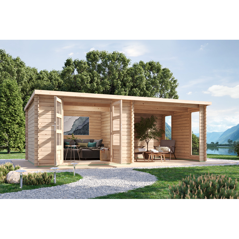 KARIBU Gartenhaus »"Remus" inkl Anbaudach 3m, Rück- und Seitenwand, mit 2 Fenstern« Gartenhaus aus hochwertiger nordischer Fichte naturbelassen