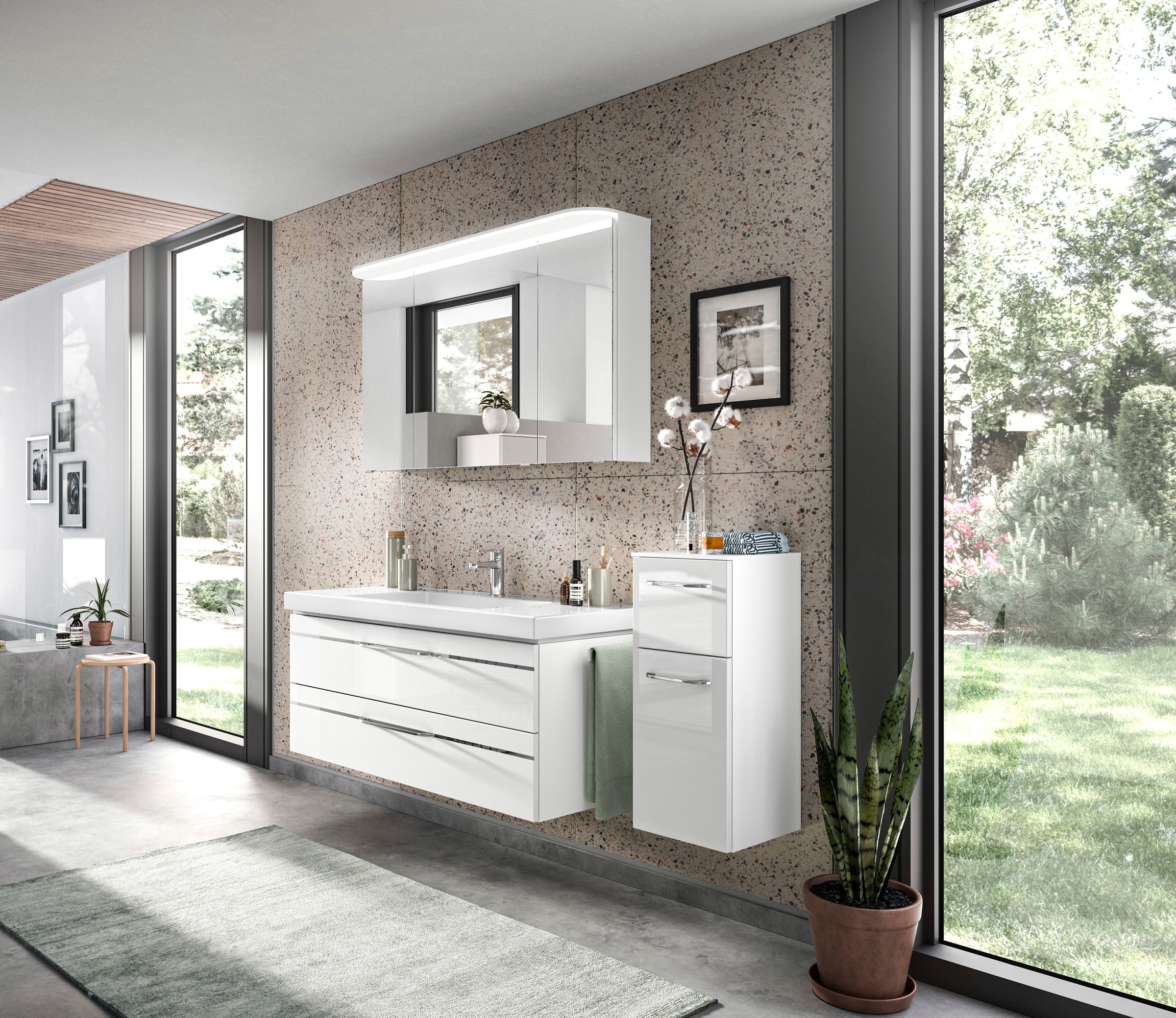 Saphir Badmöbel-Set »Balto Sprint 3-teilig, Mineralmarmor-Waschtisch mit LED-Spiegelschrank«, (4 St.), Badezimmer Set mit Unterschrank inkl Türdämpfer, 3 Türen, 2 Schubladen