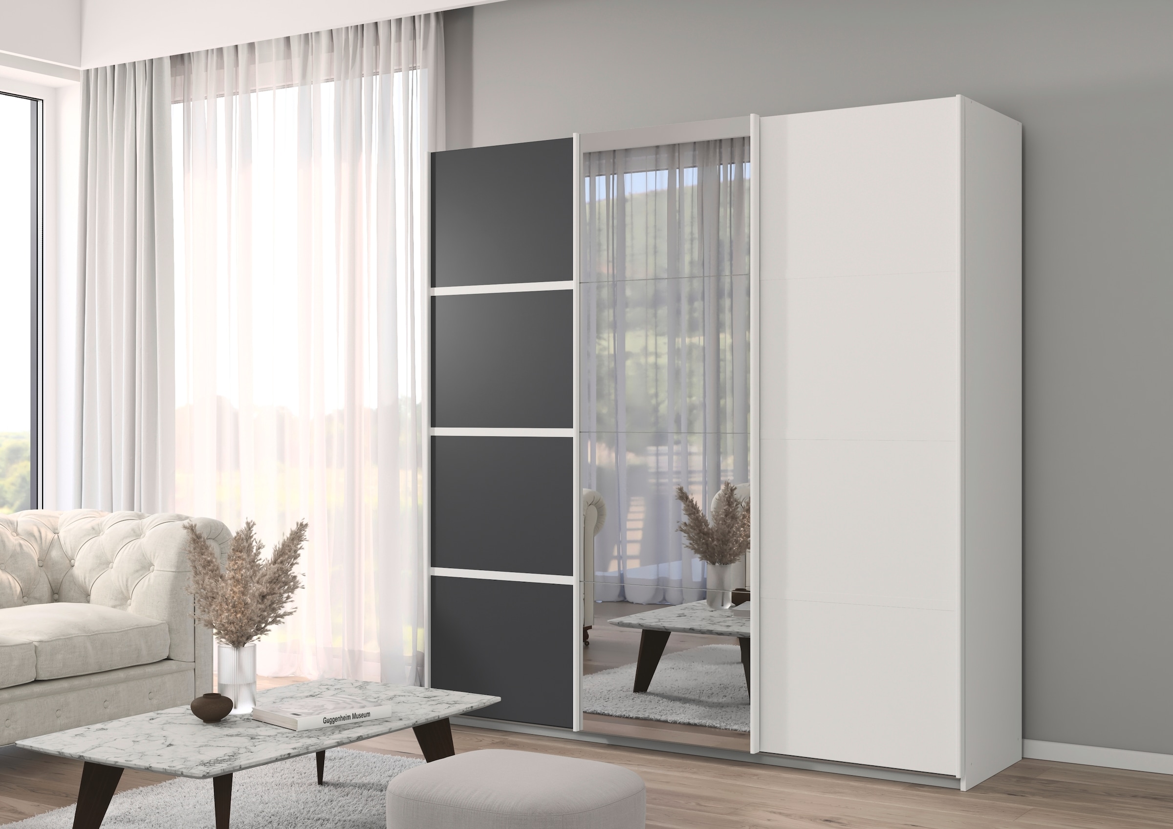 rauch Kleiderschrank »Schwebetürenschrank Garderobe Schrank TOP ANGEBOT Avola«, (in 3 verschiedenen Ausstattungen BASIC/CLASSIC/PREMIUM inkl. Spiegel), mit eleganten Zierleisten in Chrom, Schwarz oder Weiß MADE IN GERMANY