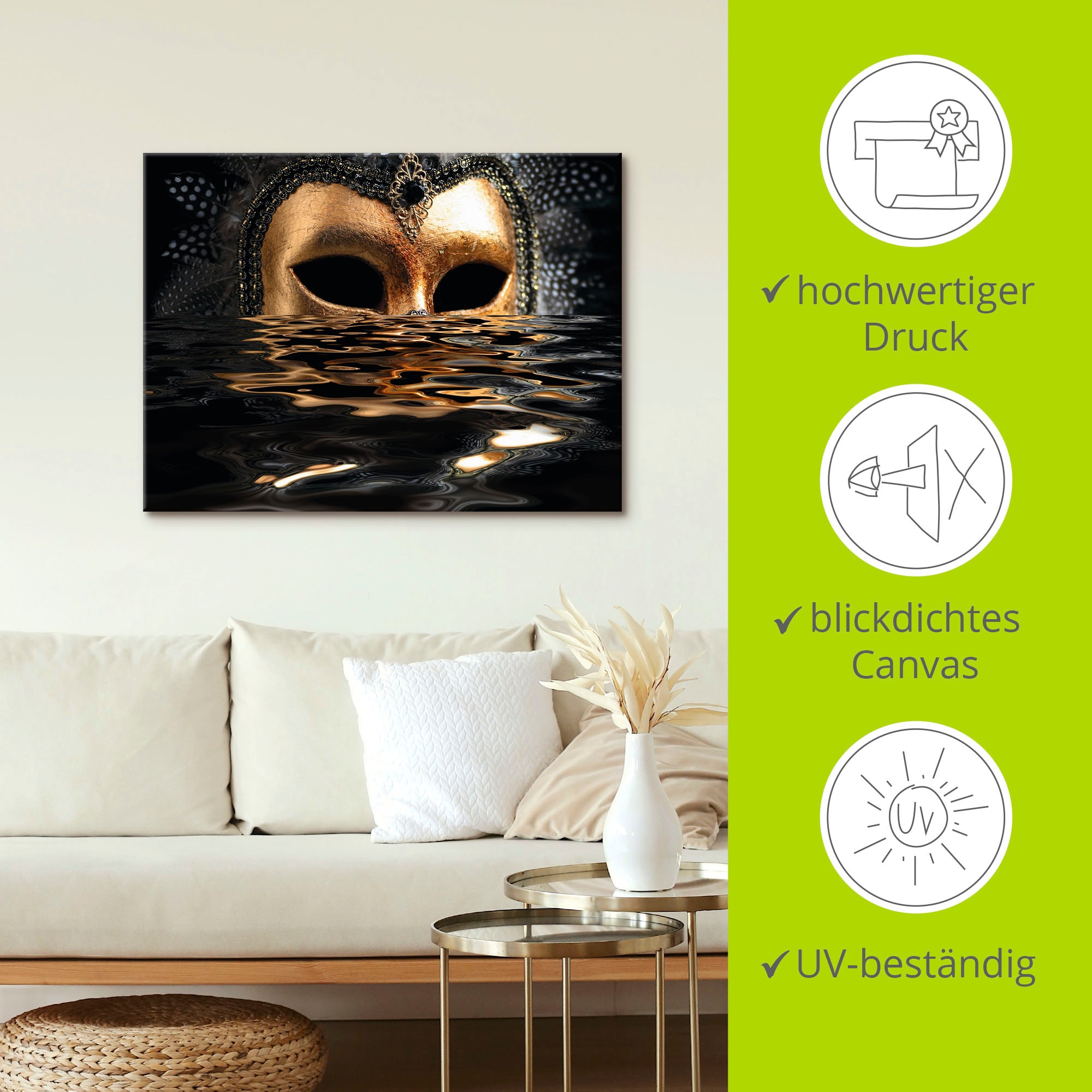 Artland Wandbild »Venezianische Maske mit Blattgold«, Karneval, (1 St.), als Alubild, Outdoorbild, Leinwandbild, Poster, Wandaufkleber