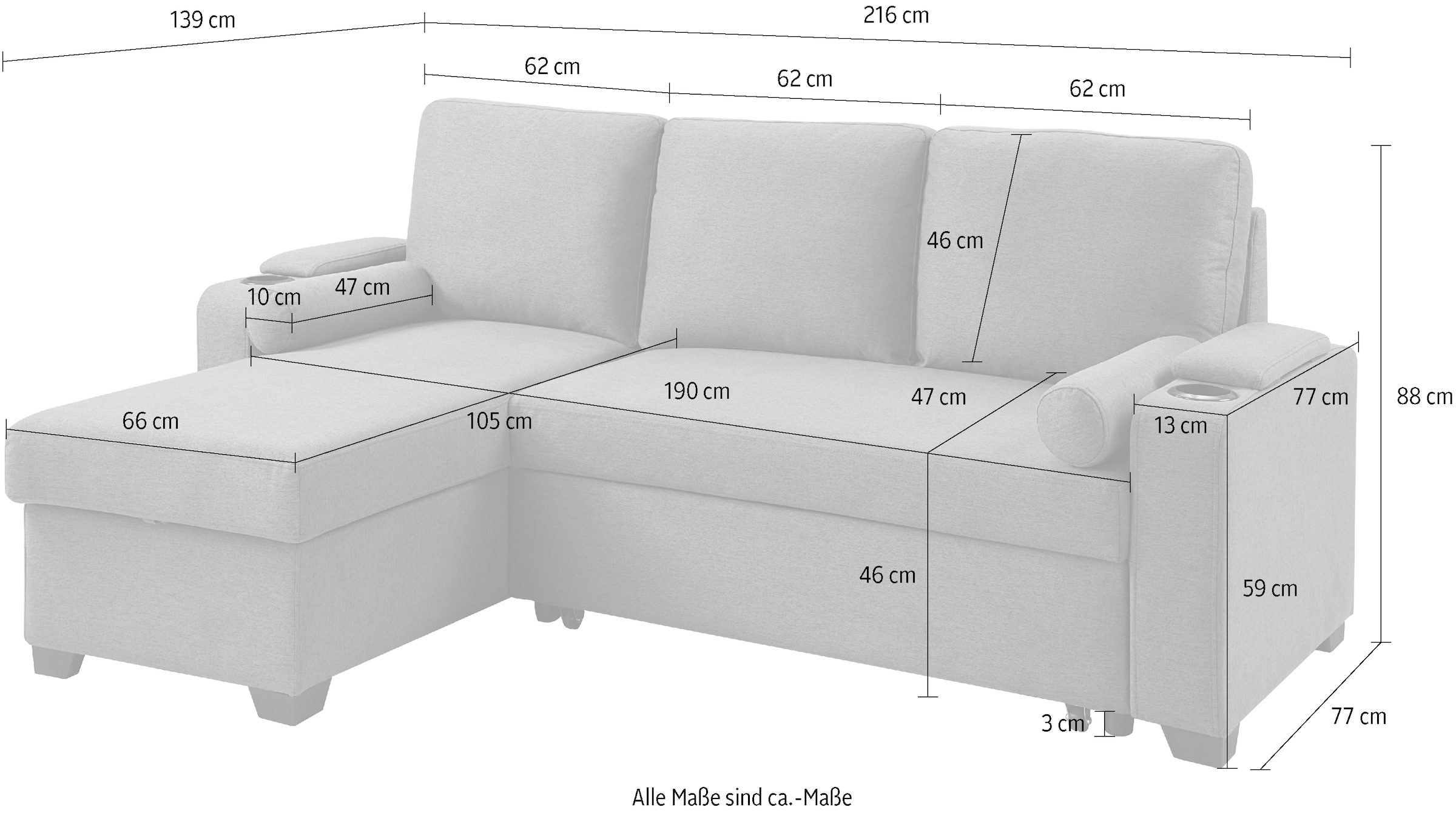 ATLANTIC home collection Ecksofa »Gorje L-Form«, mit Schlaffunktion, Stauraum, Becherhalter, Staufächer & Kissenrollen
