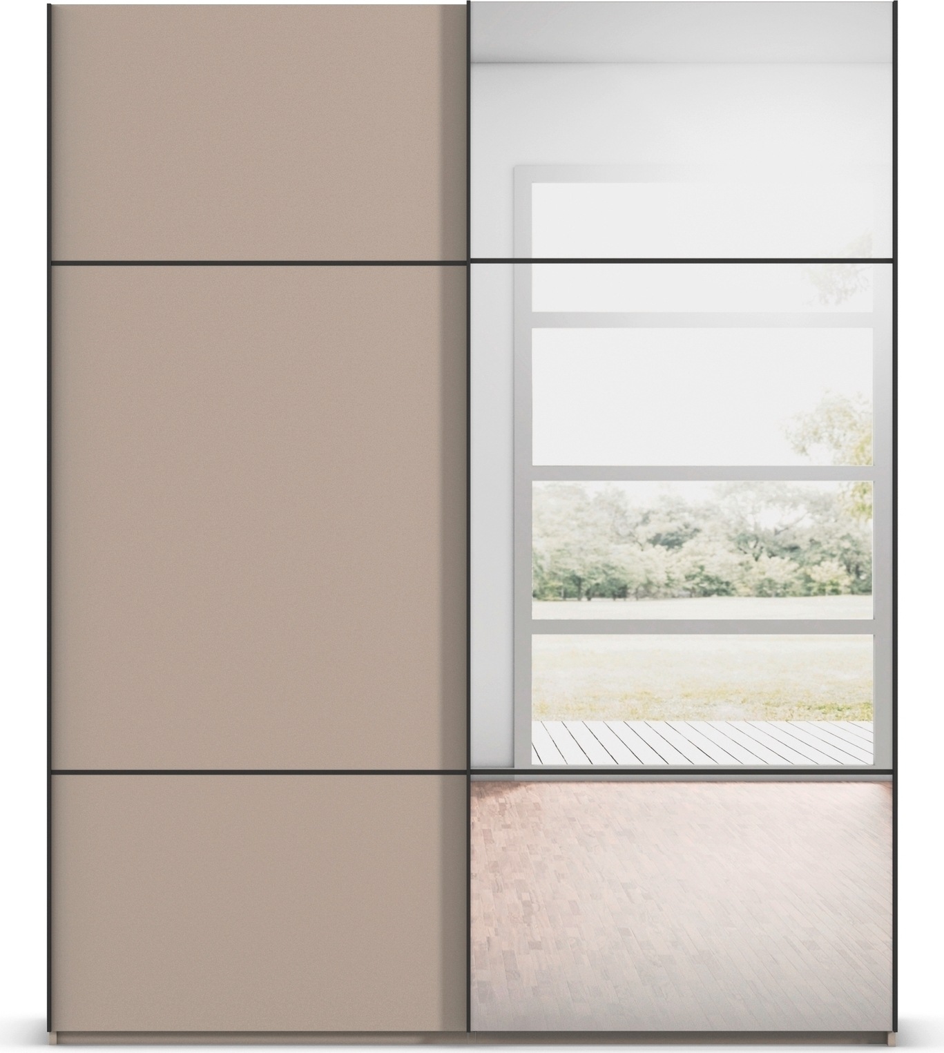 rauch Schwebetürenschrank »Kleiderschrank Schrank Garderobe Schlafzimmerschrank SCALE-TRIO« edle dreigeteilte Front mit 2 Zierleisten und Spiegel MADE IN GERMANY