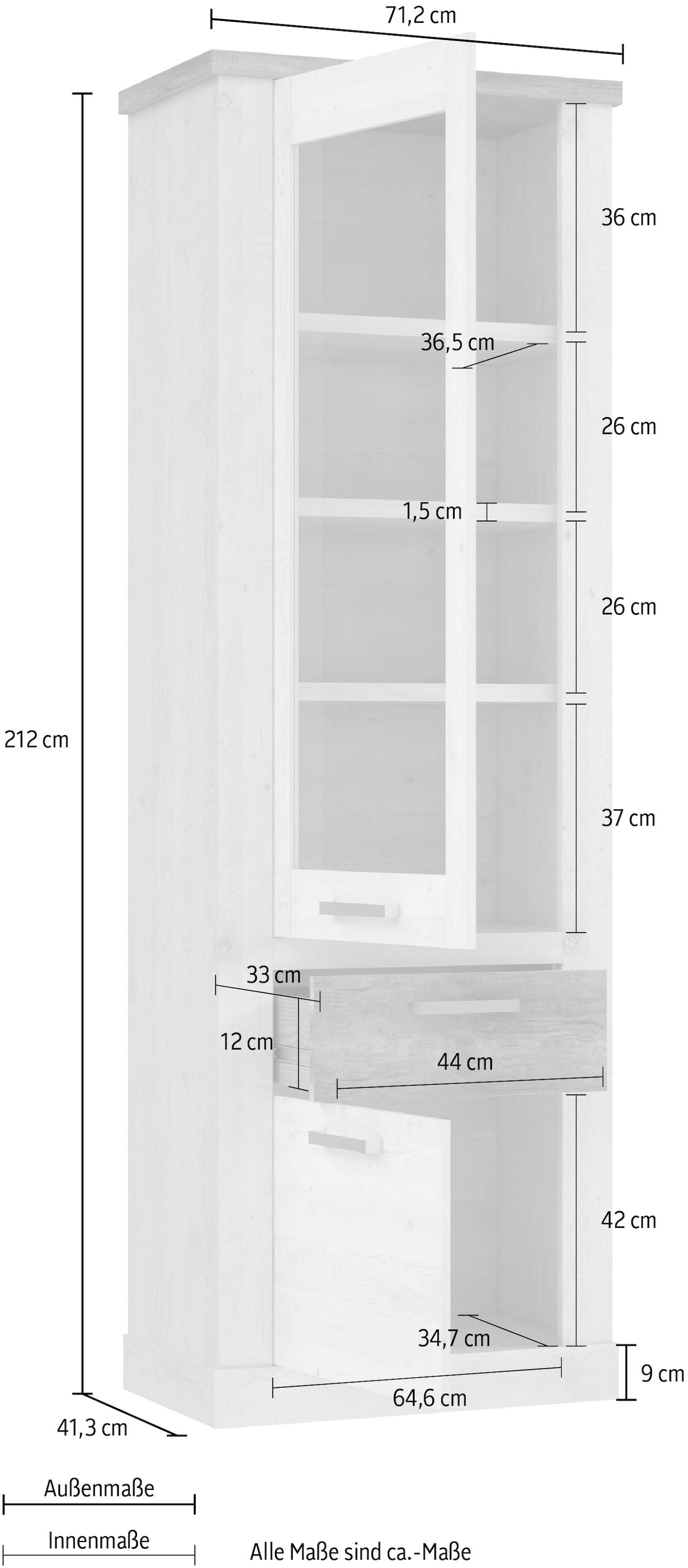 FORTE Vitrine »Duro«, Höhe 212 cm, Glasvitrine mit Schublade, im Landhausstil
