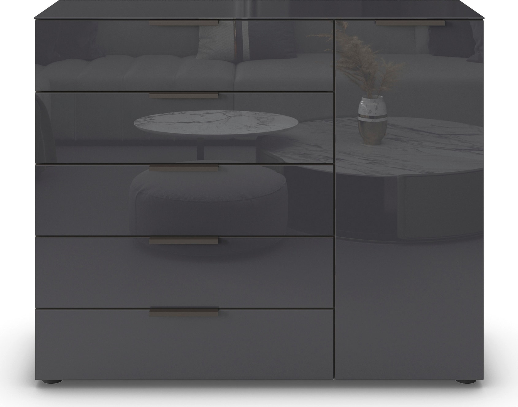 rauch Schubkastenkommode »Kommode Türkommode Sideboard Kombikommode FLIPP mit Glasfront«, (Breite 120 cm mit 2 Einlegeböden), 1-türig, 5 Schubladen, Soft-Close-Funktion, Oberboden und Front Glas