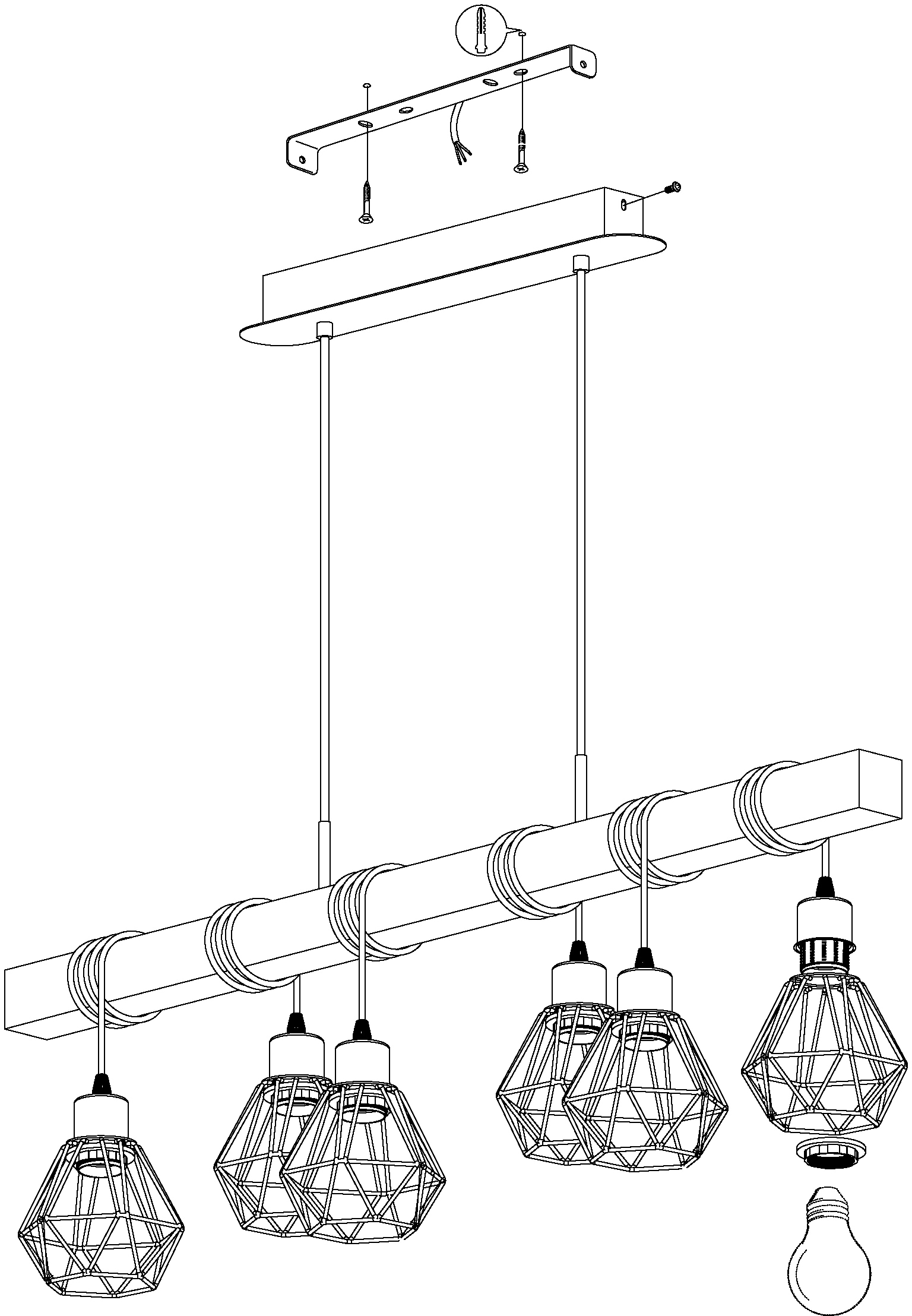 EGLO Pendelleuchte »TOWNSHEND 5«, 6 flammig, Leuchtmittel E27 | ohne Leuchtmittel, Vintage Pendelleuchte, Industrial, Retro Lampe aus Stahl und Holz, E27