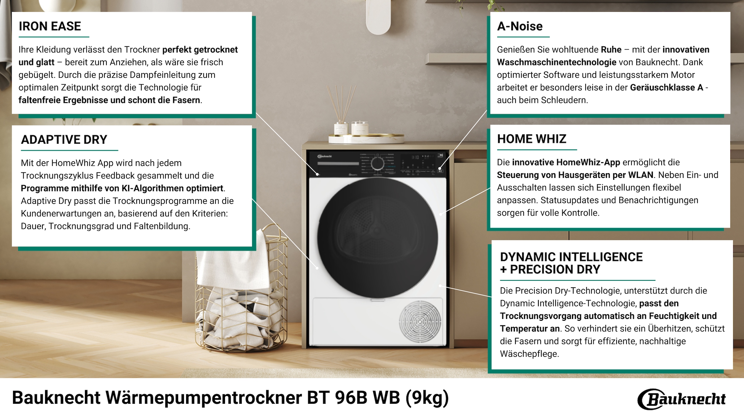 BAUKNECHT Wärmepumpentrockner »BT 96B WB«, HomeWhiz App