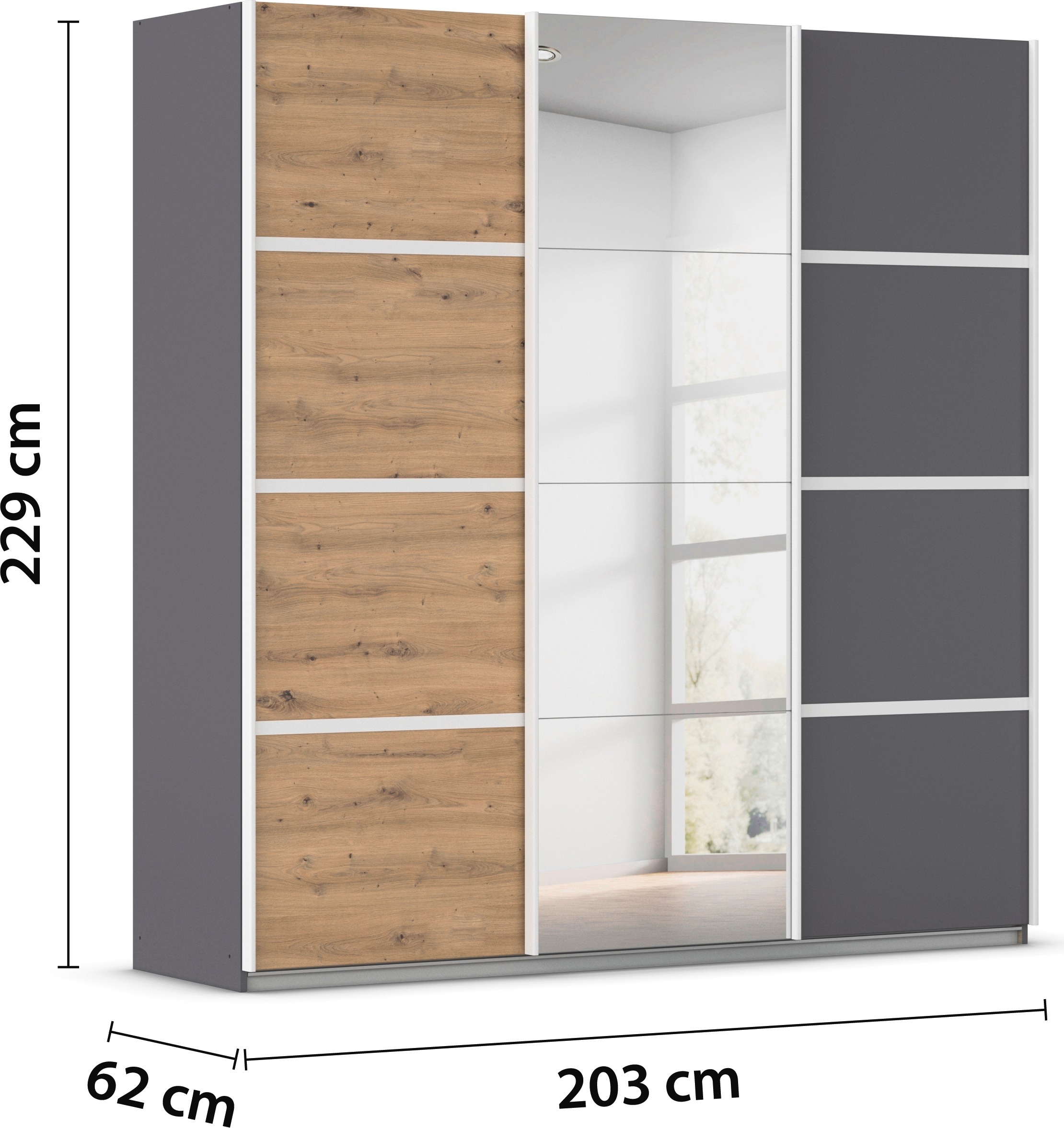 rauch Kleiderschrank »Schwebetürenschrank OTTO´s Choice Garderobe Schrank TOP ANGEBOT Avola«, (in 3 verschiedenen Ausstattungen BASIC/CLASSIC/PREMIUM inkl. Spiegel), mit eleganten Zierleisten in Chrom, Schwarz oder Weiß MADE IN GERMANY