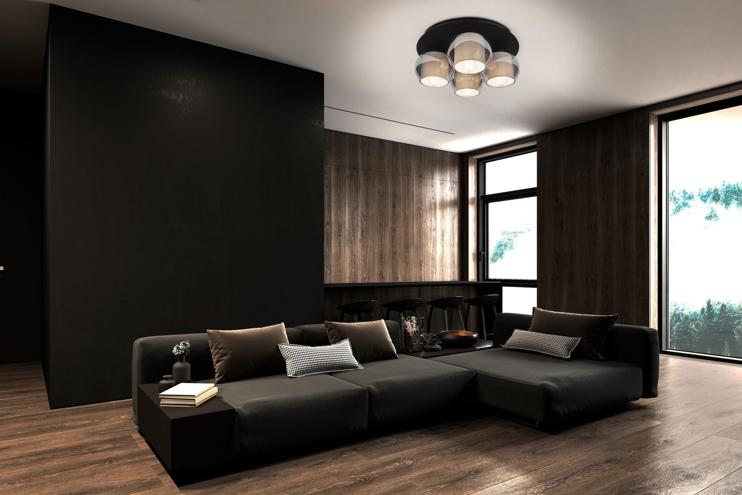 OTTO home Deckenleuchte »Tanissa« E27 1 Stk. rund, 4 kugelförmige Rauchglas-Schirme innen mit Stoff, 4x E27 exkl.