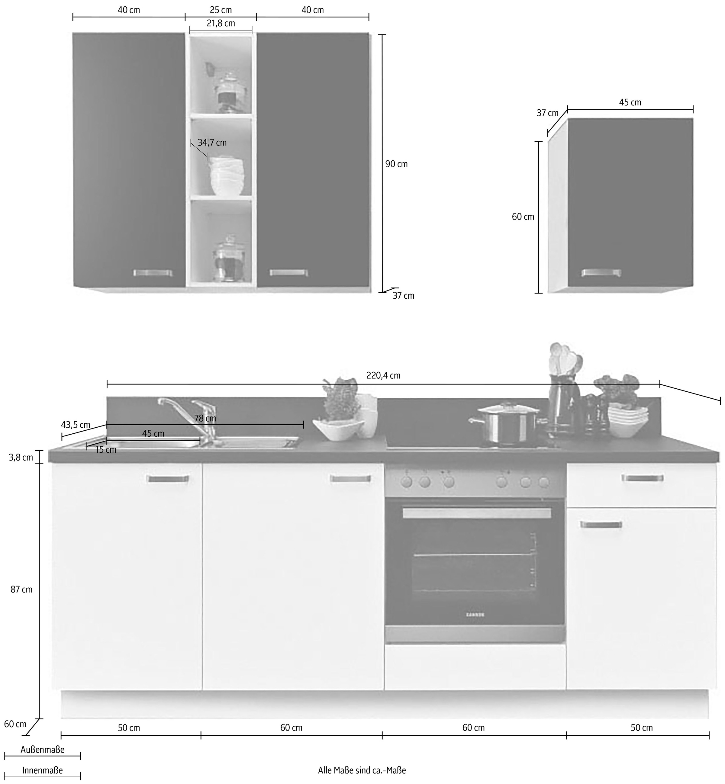 KOCHSTATION Küchenzeile »"KS-Bari", wahlw. mit E-Geräten & Geschirrspüler«, Soft-Close-Funktion und Vollauszug, vormontiert, Breite 220 cm