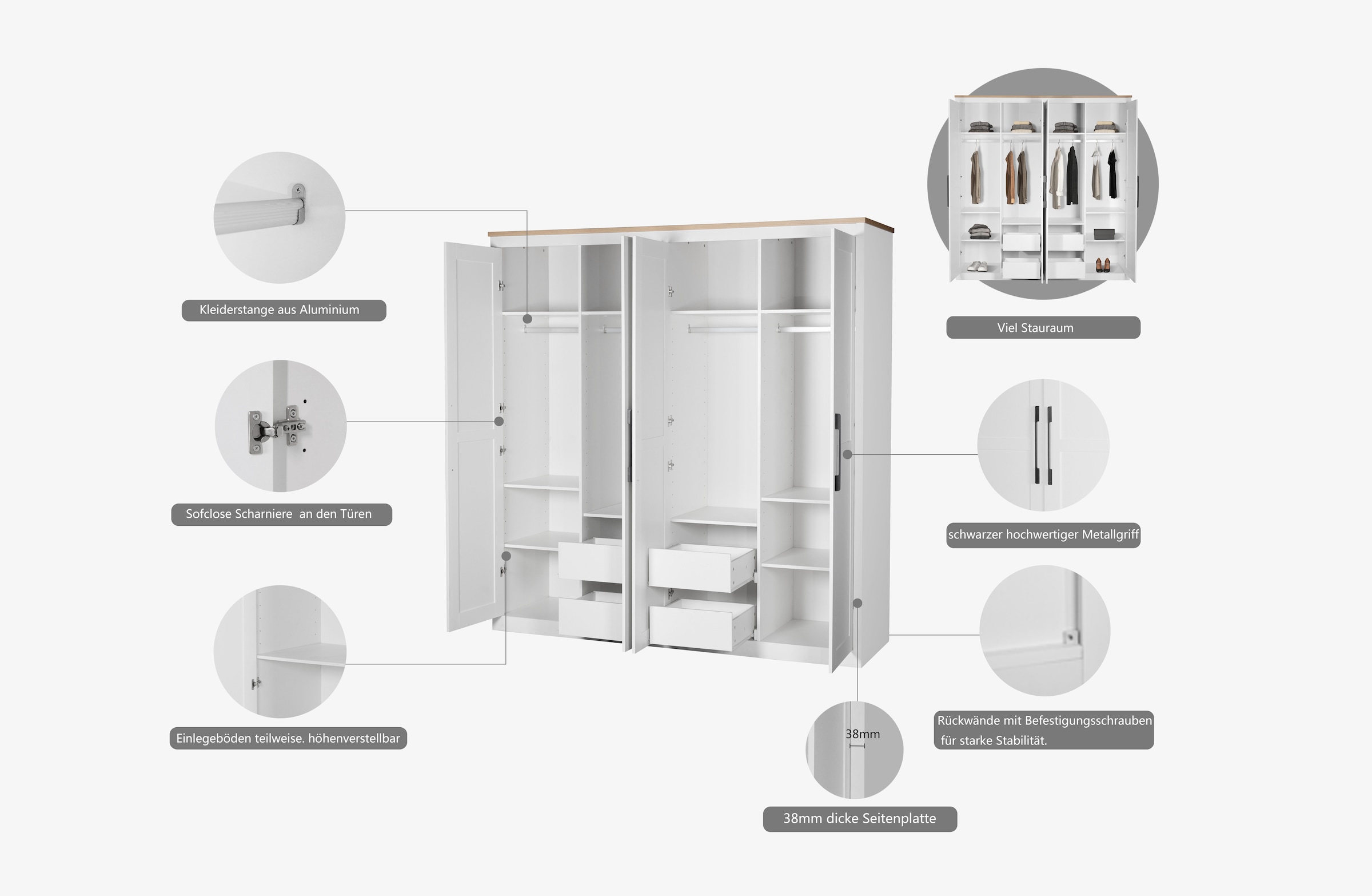 OTTO home Kleiderschrank »Büsum Schlafzimmer Schrank Otto´s Choice« stabile robuste Bauweise mit optimaler Aufteilung,  Schlafzimmerschrank Landhaus Design Garderobe Schrank Bestseller