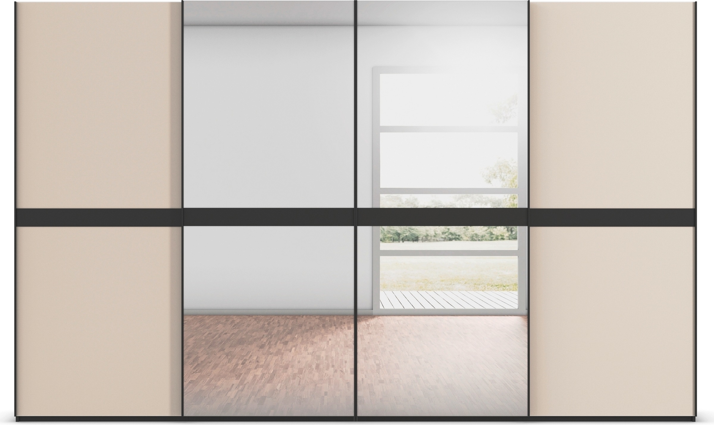 rauch Schwebetürenschrank »Kleiderschrank Schrank Garderobe Schlafzimmerschrank SCALE-LINE«, edle Optik mit Bauchbinde mit Glas/Spiegel-Front MADE IN GERMANY