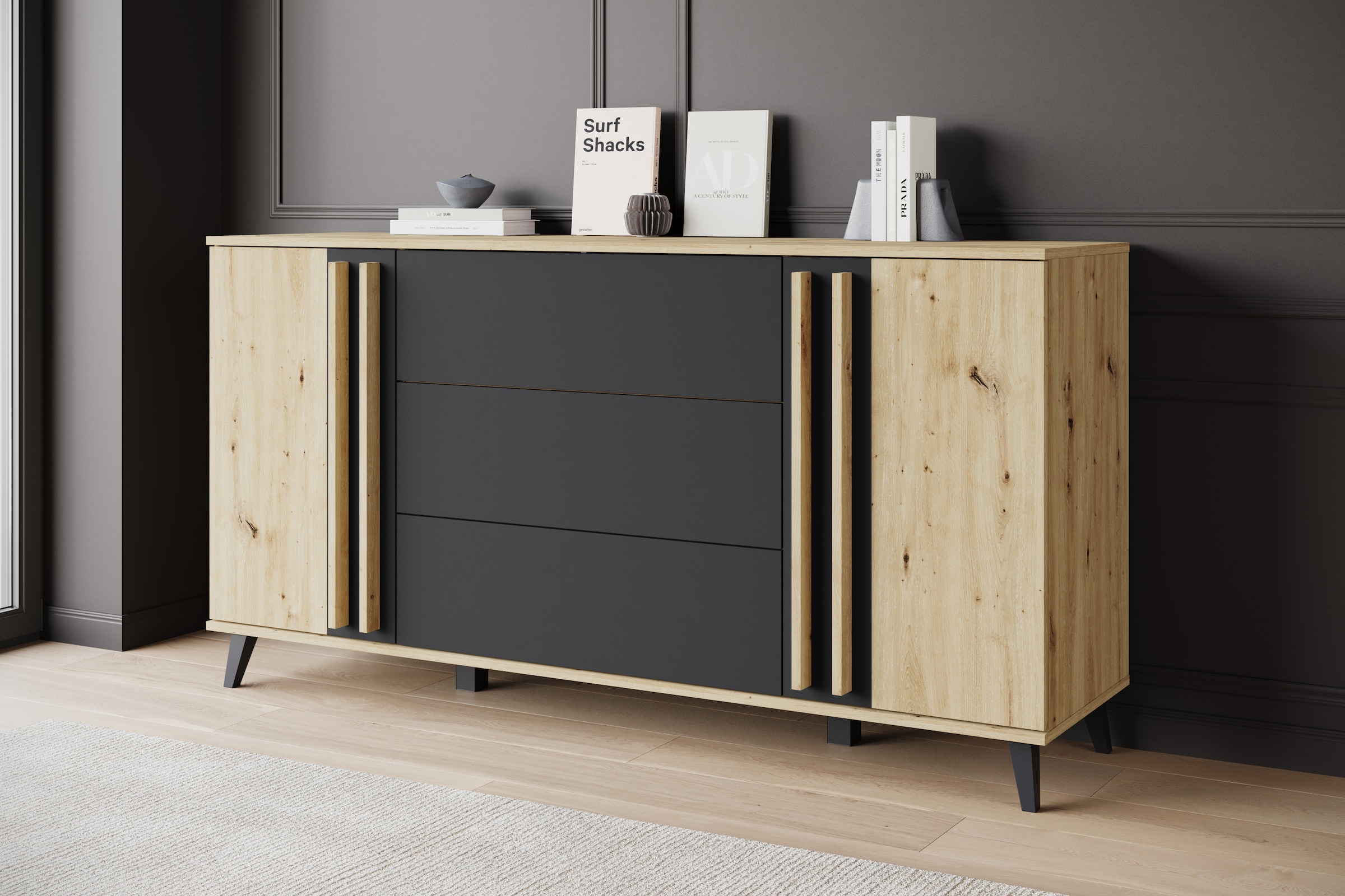 INOSIGN Sideboard »Helsinki, Kommode mit 2 Türen und 3 Schubladen, Breite 150 cm«, (1 St.), Push-to-Open-Schubladen, höhenverstellbare Einlegeböden