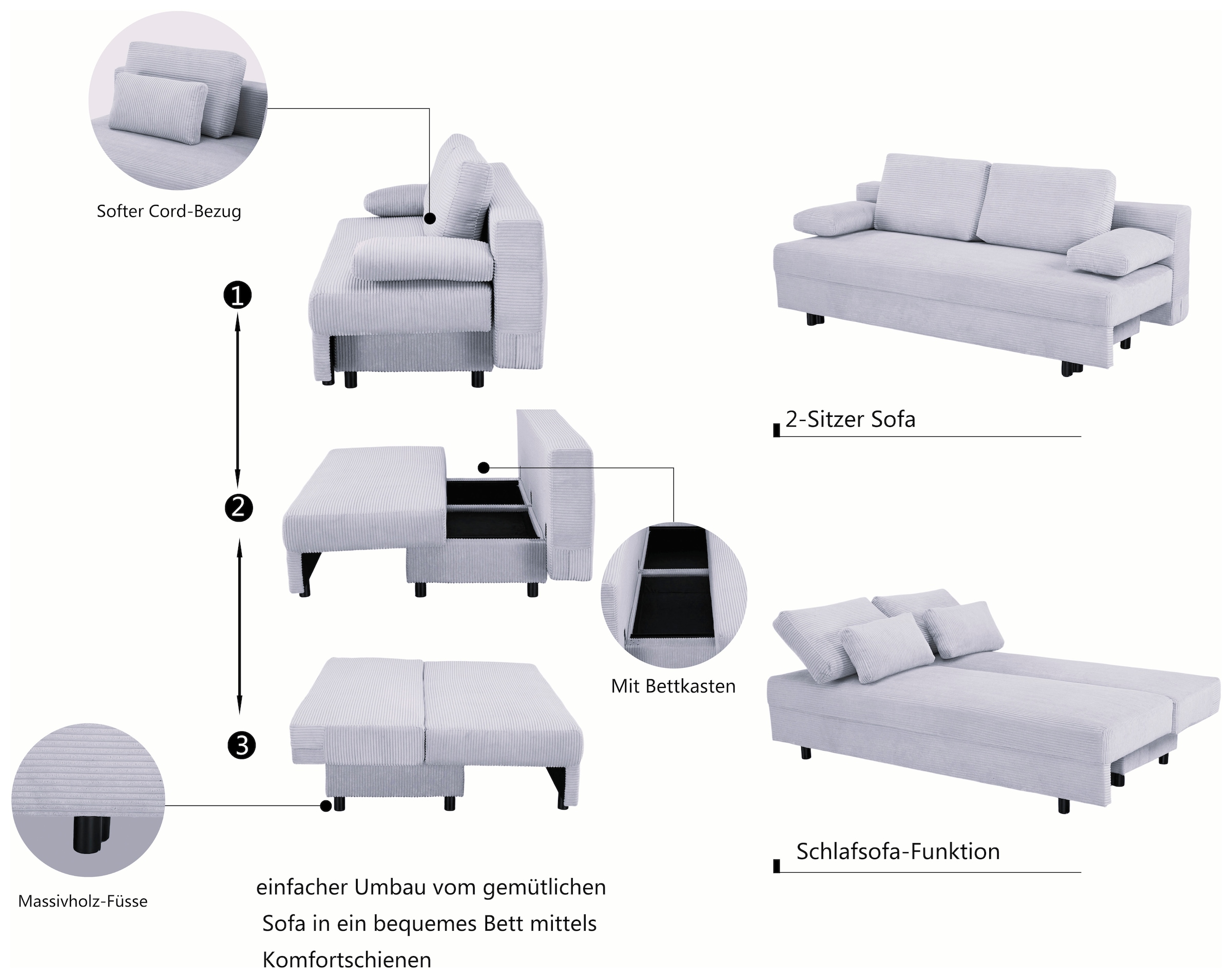 OTTO home Schlafsofa »ONNIKO Cord, Breite: 192 cm, Liegefläche 121x192 cm, softer Cord-Bezug« mit Bettfunktion & Bettkasten