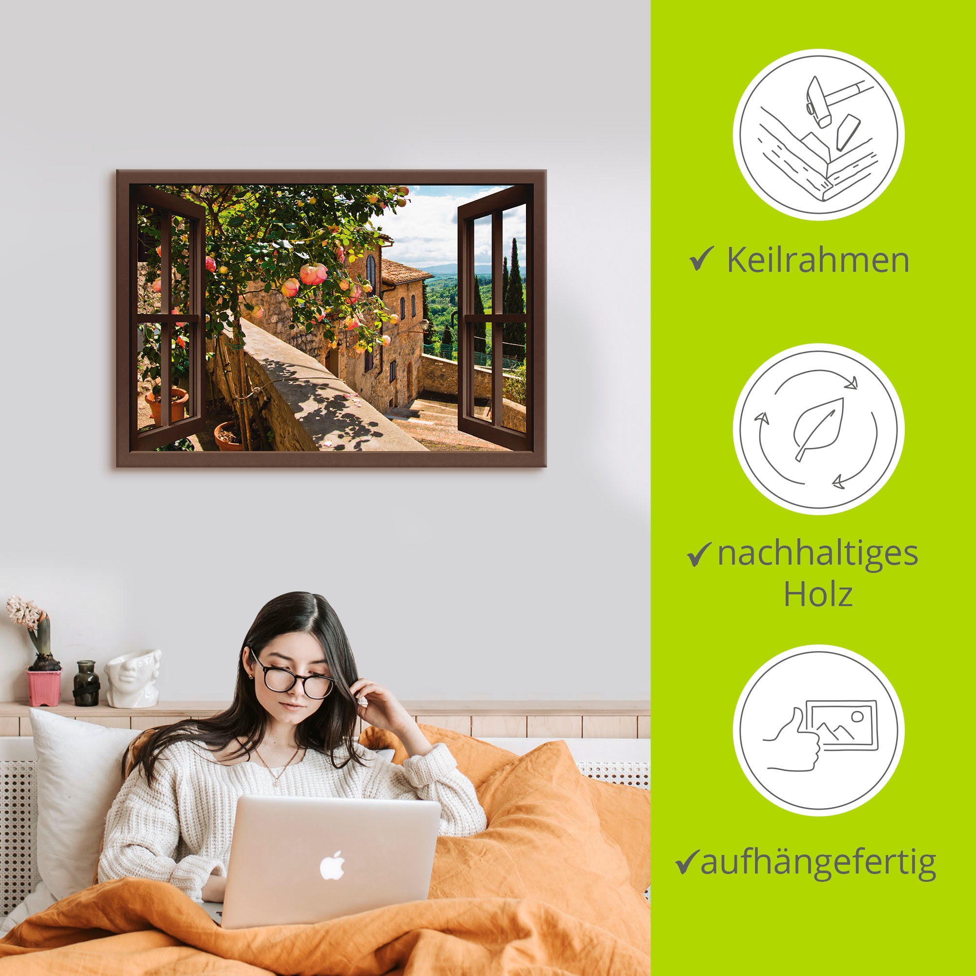 Artland Wandbild »Fensterblick Rosen auf Balkon Toskana«, Garten, (1 St.), als Alubild, Outdoorbild, Leinwandbild, Poster, Wandaufkleber