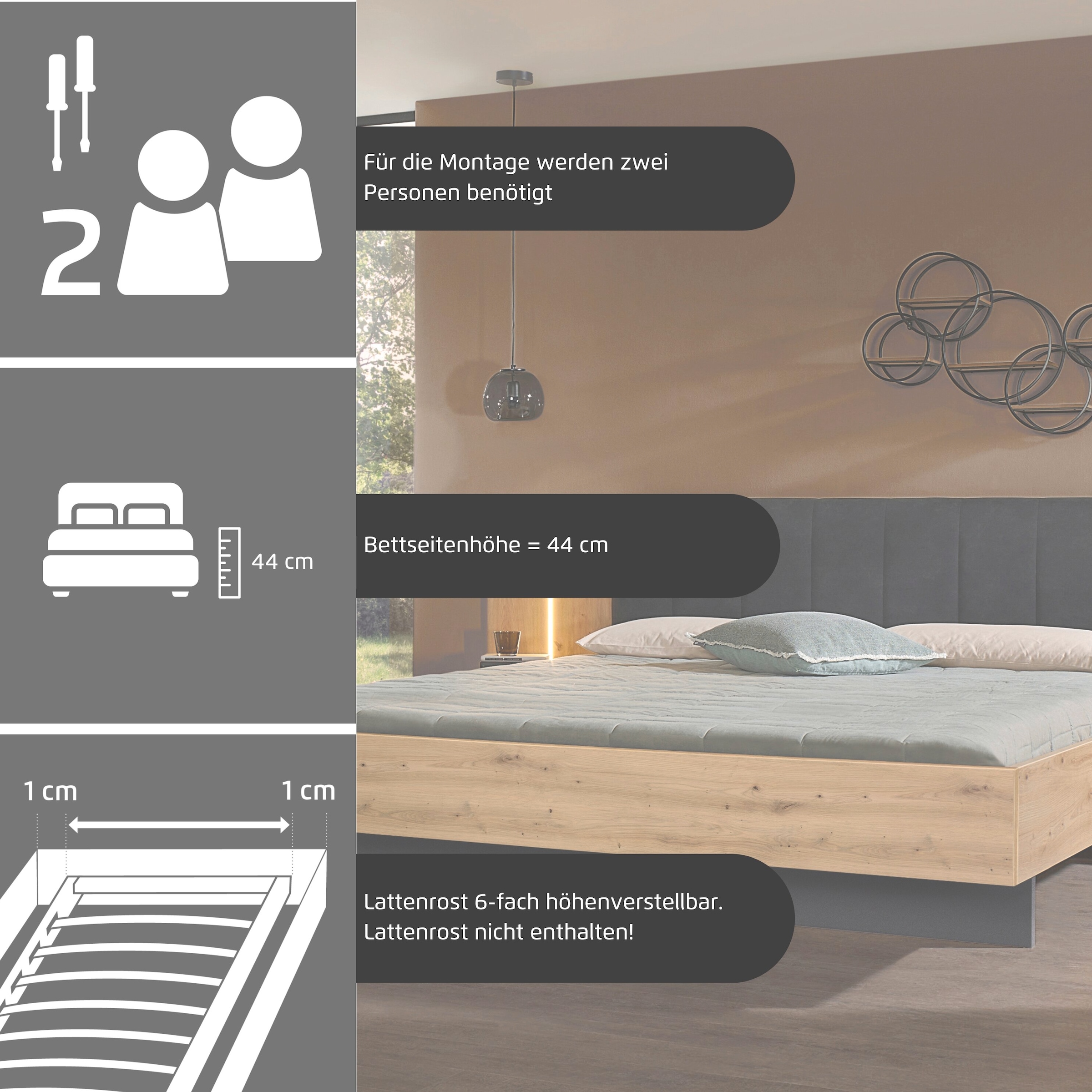 rauch Bettanlage »Bett Doppelbett Komfortbett Funktionsbett APOLLON« Liegefläche 180x200, optional mit Bettbank und Stauraum, 3 tlg. tlg. Polster-Kopfteil in Lederoptik black, 2x Nachttische MADE IN GERMANY