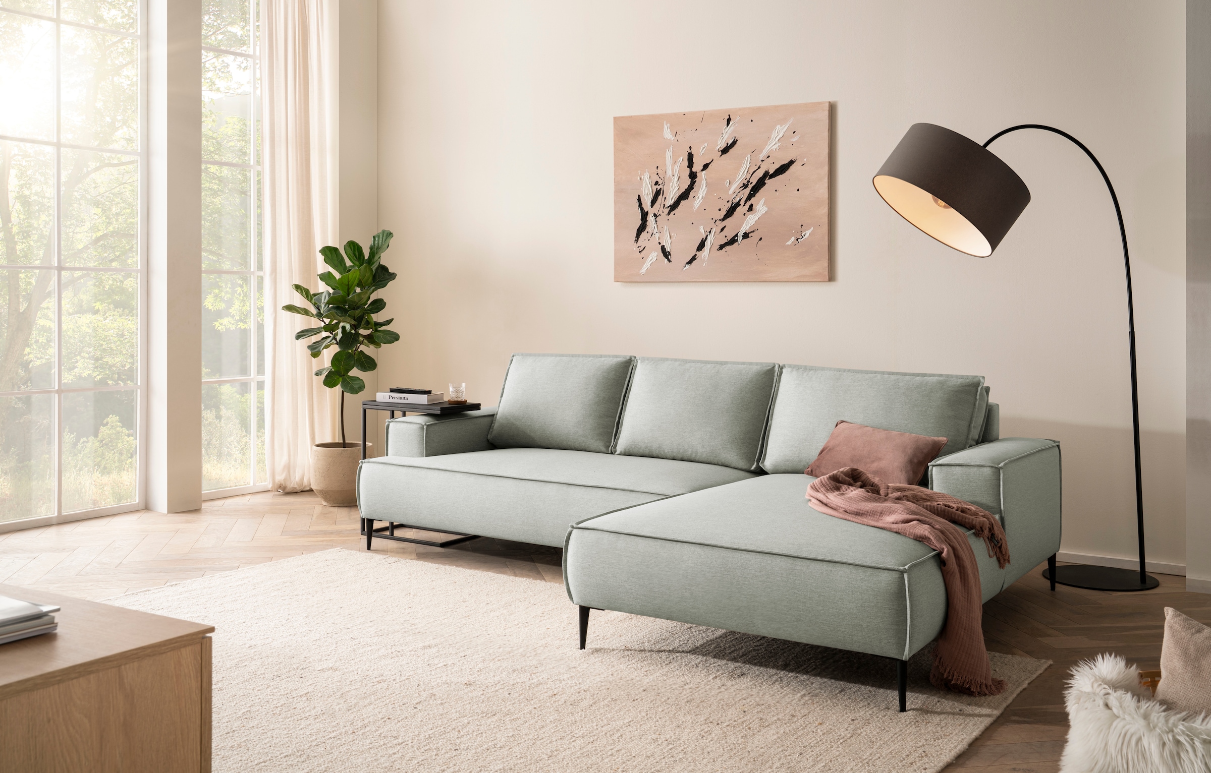 andas Ecksofa »TVINNU, L-Form, 275cm, in Cord und Flachgewebe«, wahlweise Recamiere rechts/links, schwarze Füße, bequemer Sitzkomfort
