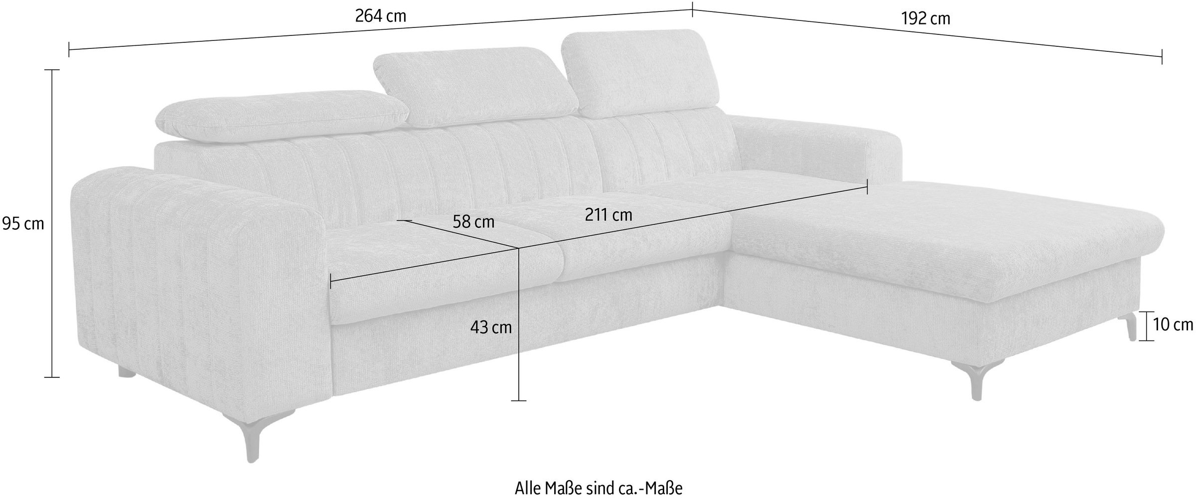 WERK2 Ecksofa »Foster L-Form mit Schlaffunktion und Bettkasten, 264 cm breit« 3 verstellbare Kopfstützen & Pfeifensteppung im Retro-Look