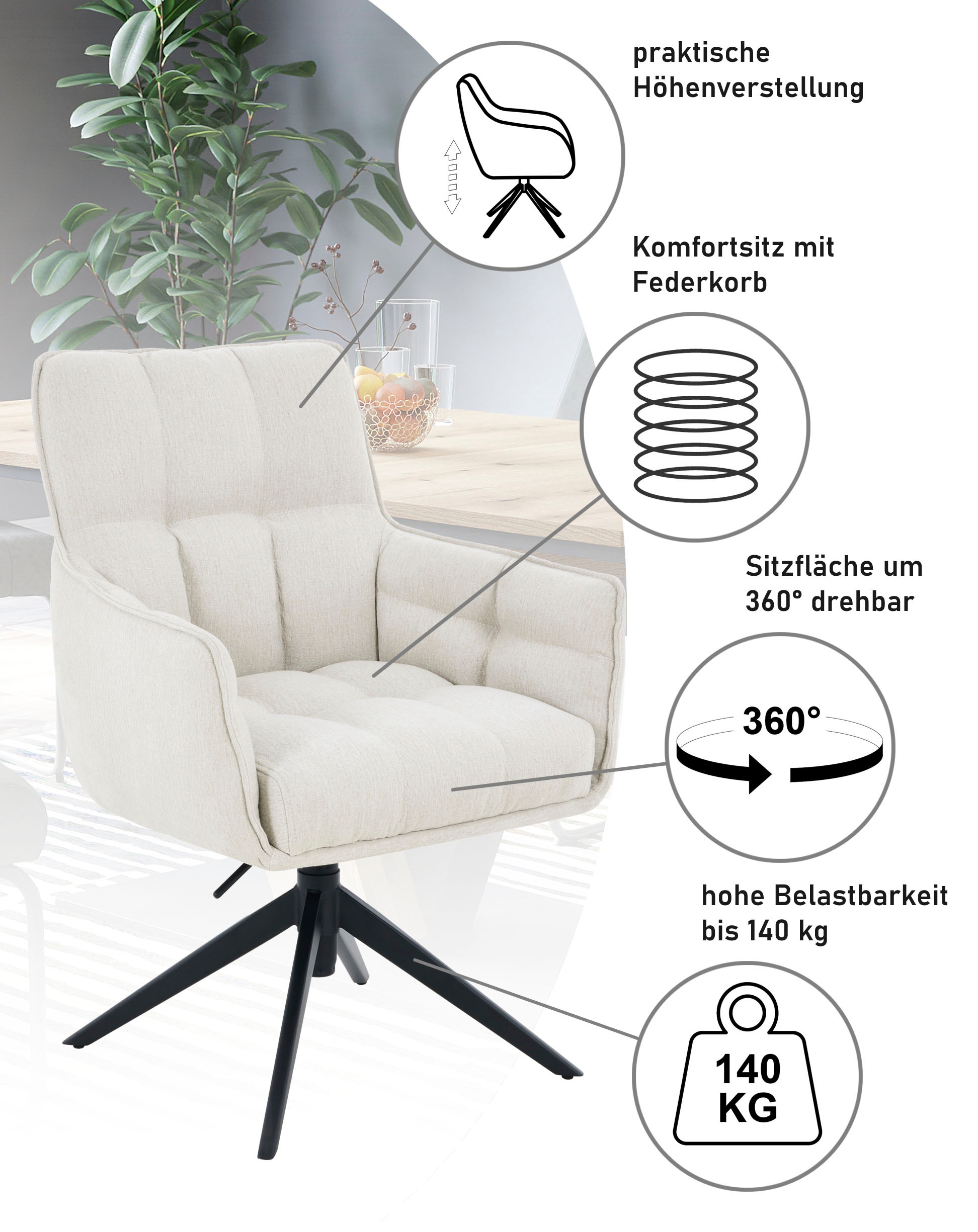 HELA Drehstuhl »POMBA« () 1 Stk.360° drehbar, höhenverstellbar, Federkorb, Armlehnen, 140kg belastbar