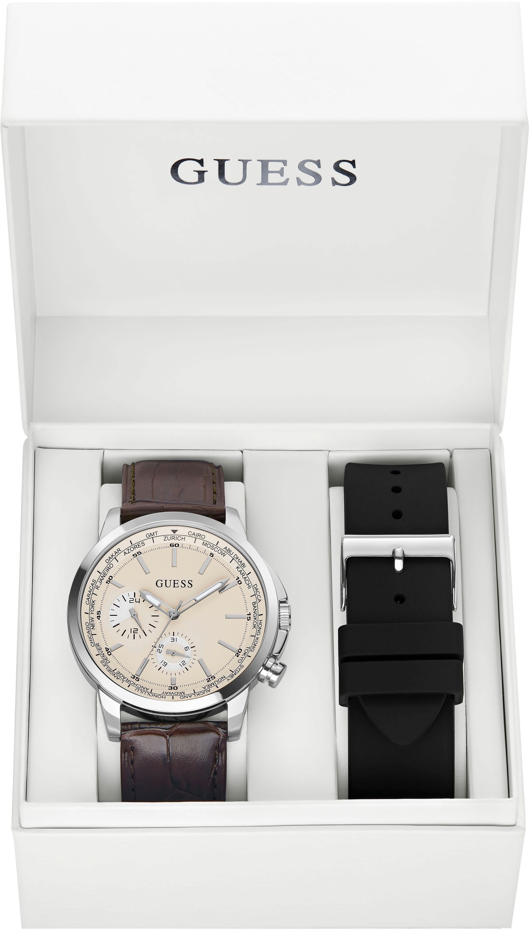 Guess Multifunktionsuhr »SPEC«, (Set, 2 tlg., mit schwarzem Silikonwechselband), Armbanduhr, Quarzuhr, Herrenuhr