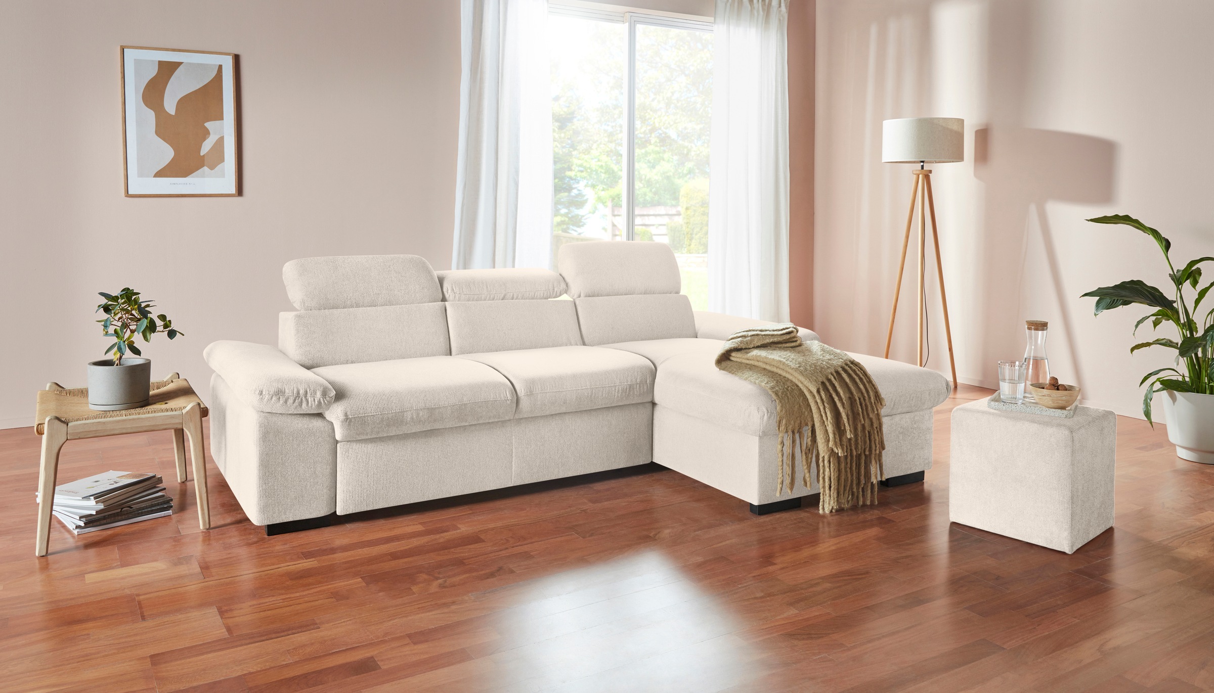 COTTA Ecksofa »Lola L-Form«, (Set, mit Hocker), mit Hocker & Kopfteilfunktion, wahlw. Bett- und Armteilfunktion