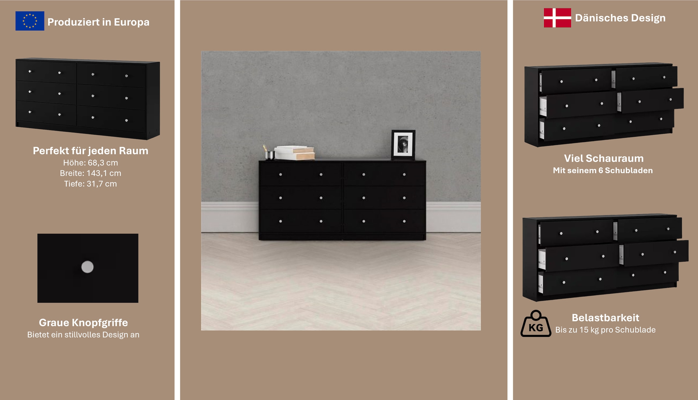 Home affaire Sideboard »May, Aufbewahrung, Schubkastenkommode, Stauraum«, mit 6 Schubladen, Knopfgriffen,Tiefe von 30 cm, Breite 143 cm