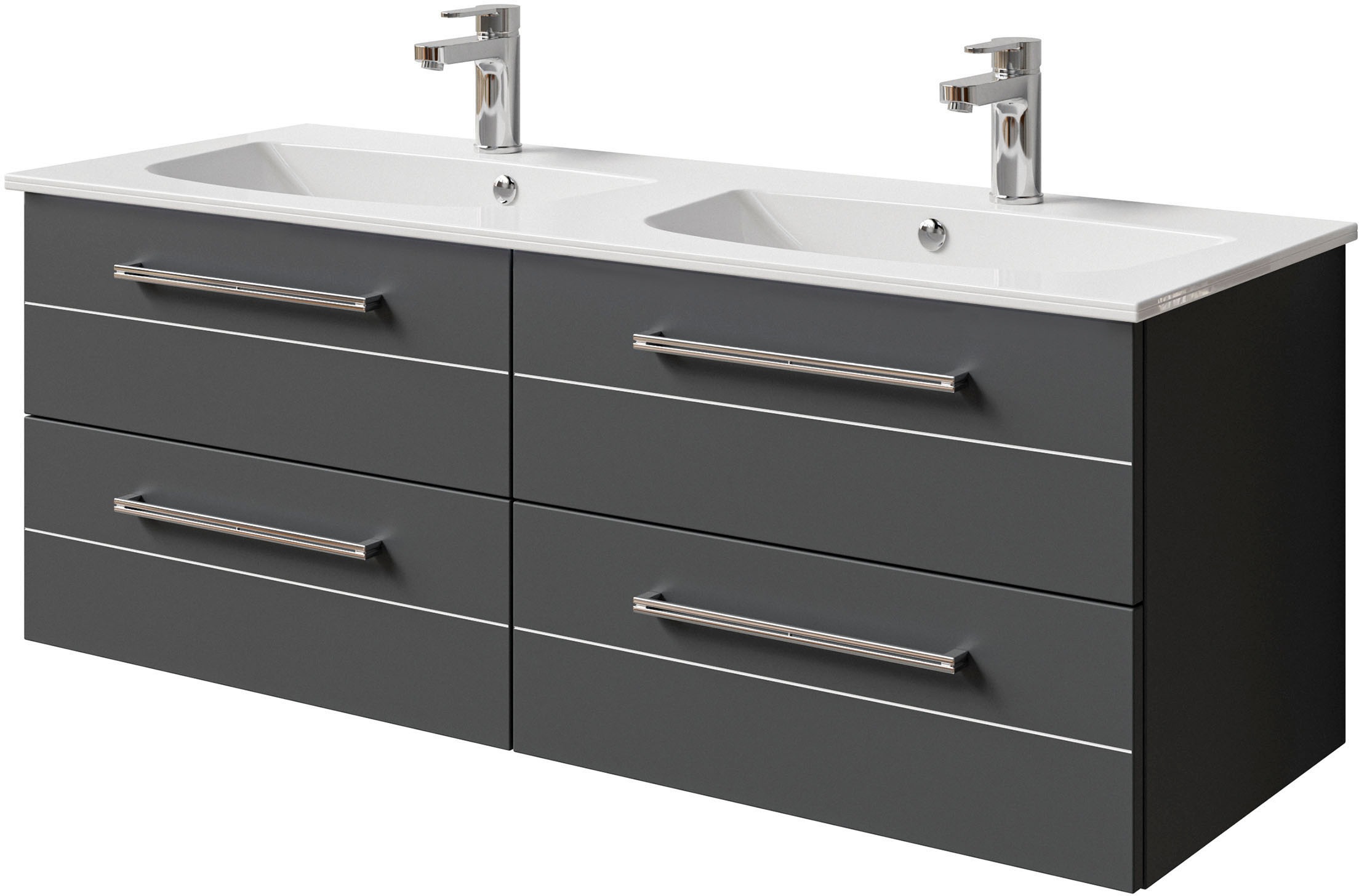 Saphir Badmöbel-Set »Serie 6025 2-teilig Mineralmarmor-Waschtisch mit LED-Spiegelschrank«, (2 St.), Waschplatz 132cm breit, 4 Schubladen, 2 Spiegel-Türen, inkl Türdämpfer