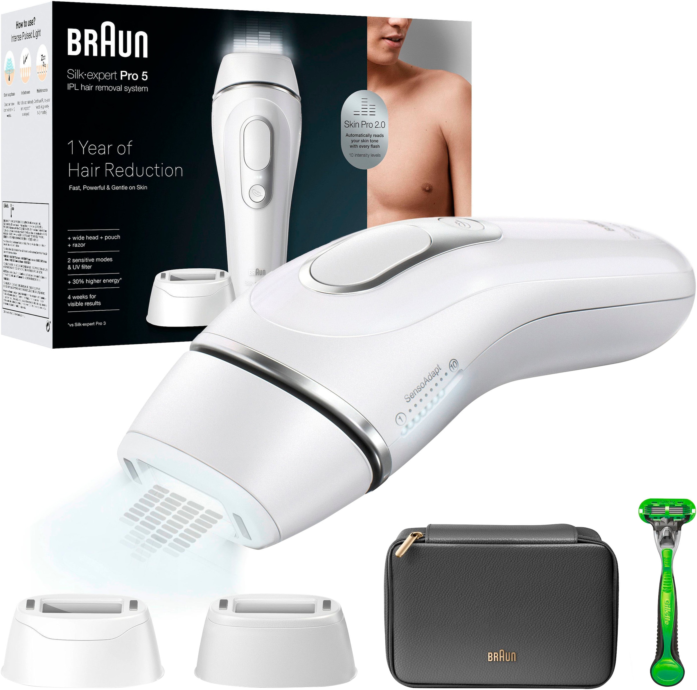 BRAUN IPL-Haarentferner »Silk·expert Pro 5 PL5145« pro Minute bis zu 125 Lichtimpulse für Männer, 2 Aufsätze & 1 Gillette Rasierer,...