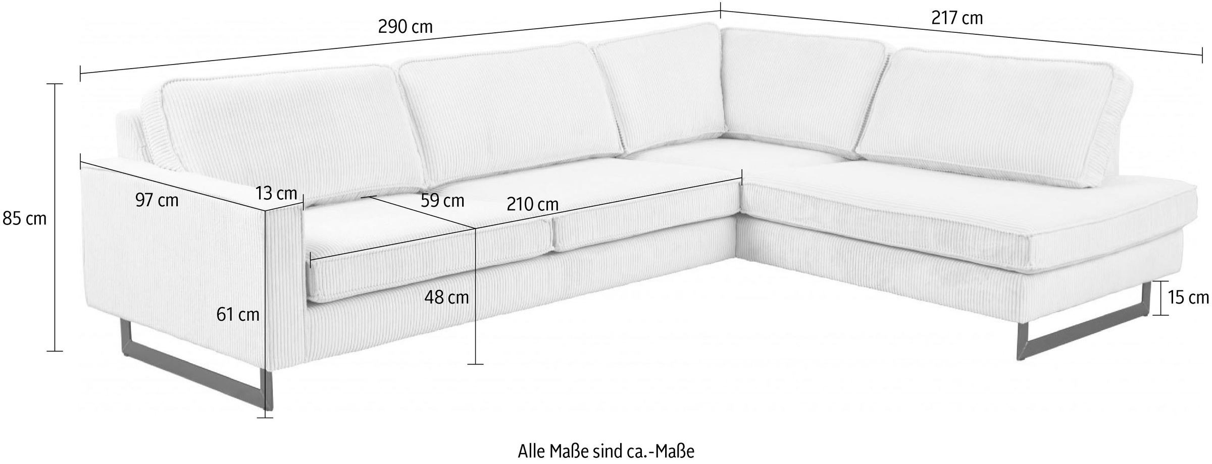 Places of Style Ecksofa »Pinto, 290 cm, Cord, Chenille, Lederoptik, Ottomane links / rechts«, mit Keder, schwarze Metallfüße, Wellenunterfederung