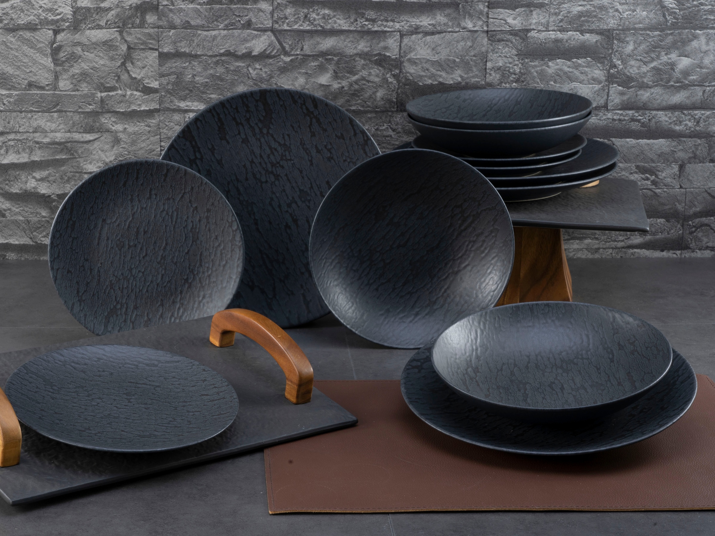 CreaTable Teller-Set »Schiefer Black«, (Set, 12 tlg.), robuste, kratzfeste, seidenmatte Glasur