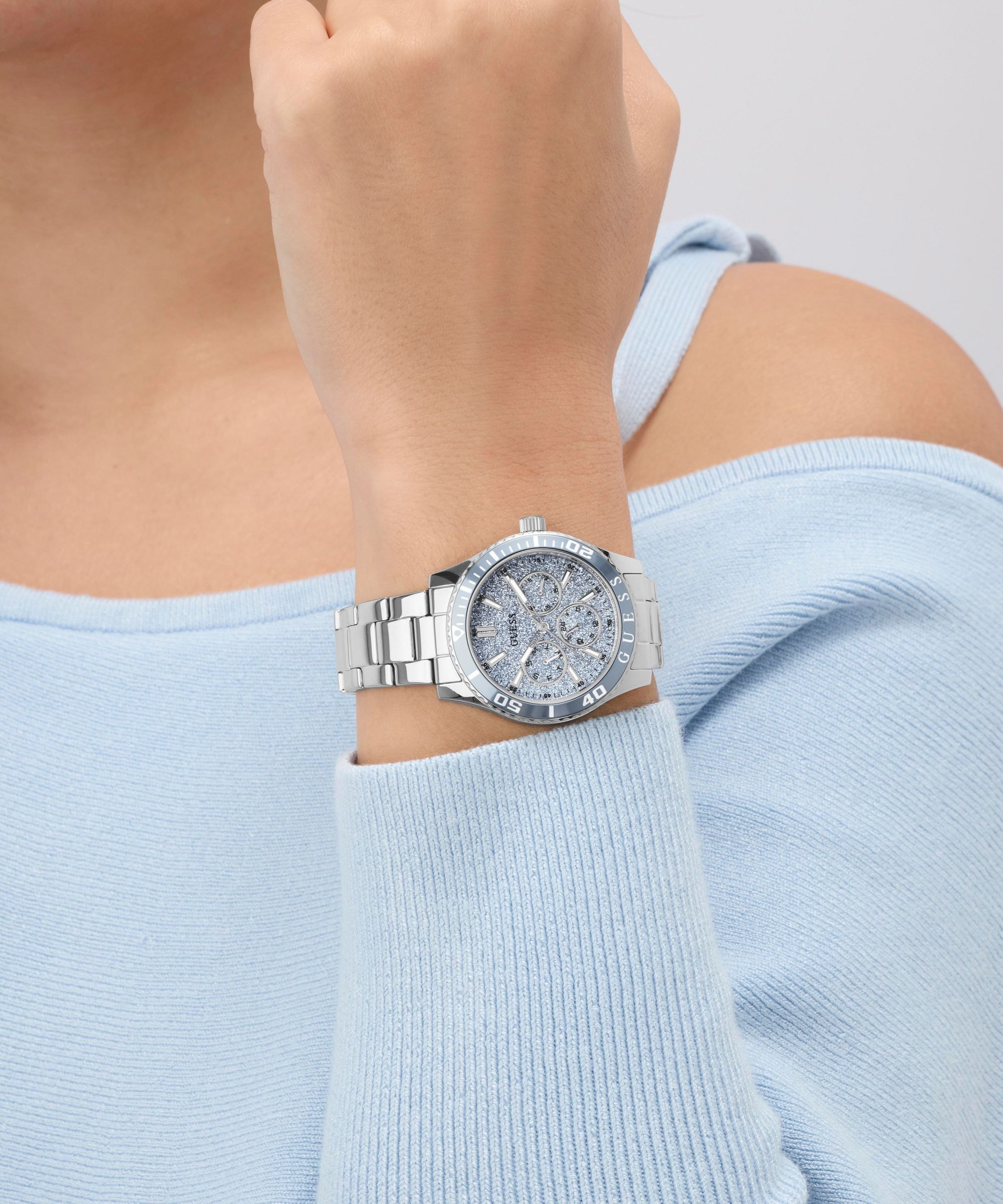 Guess Multifunktionsuhr »MARIANA« Quarzuhr, Armbanduhr, Damenuhr, Edelstahlarmband, analog, Wochentag