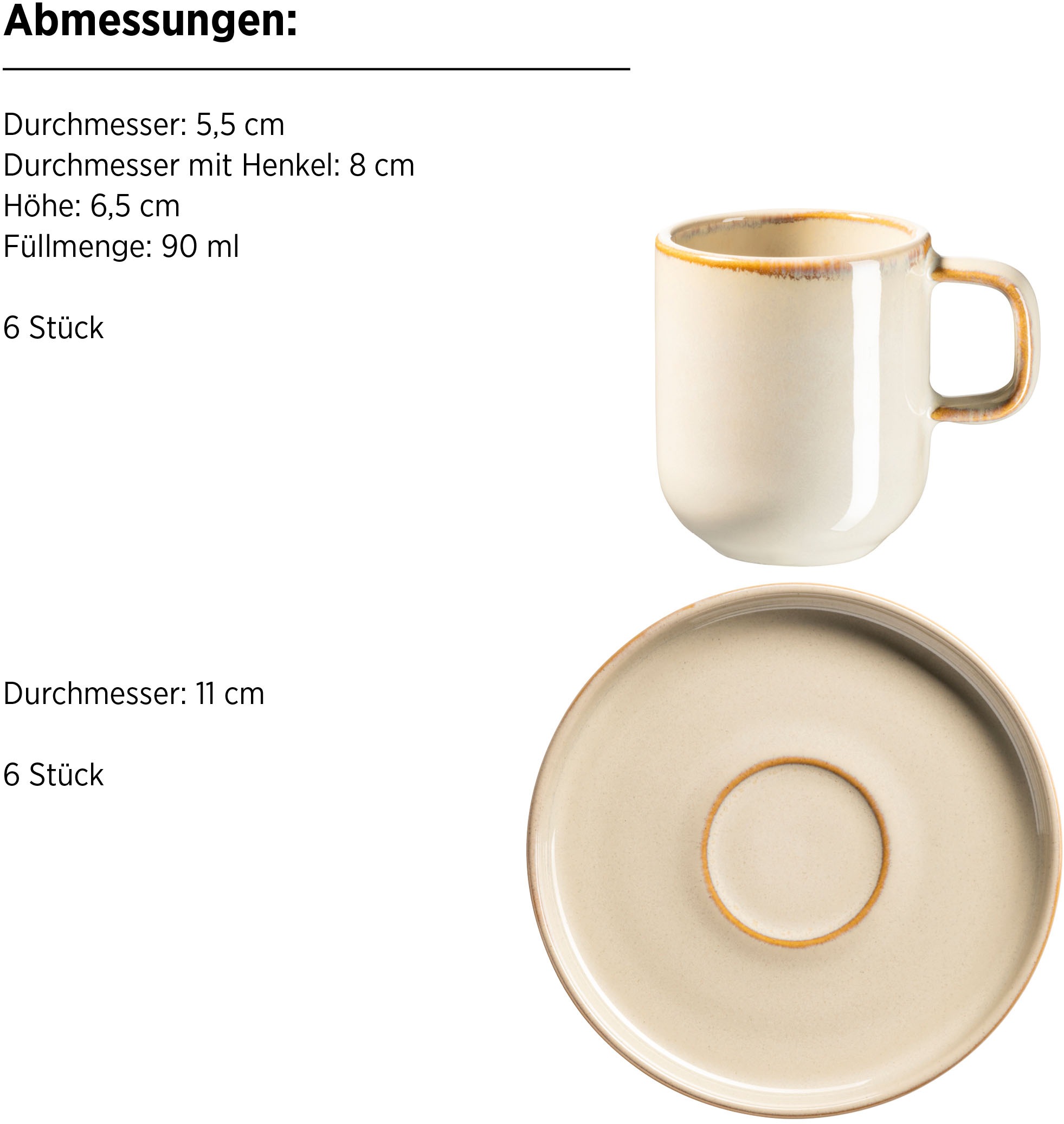 MÄSER Espressotasse »Cordelia, Espressotassen Set, aus Steinzeug«, (Set, 12 tlg.), 12er Set, bestehend aus 6 Tassen und 6 Untertassen