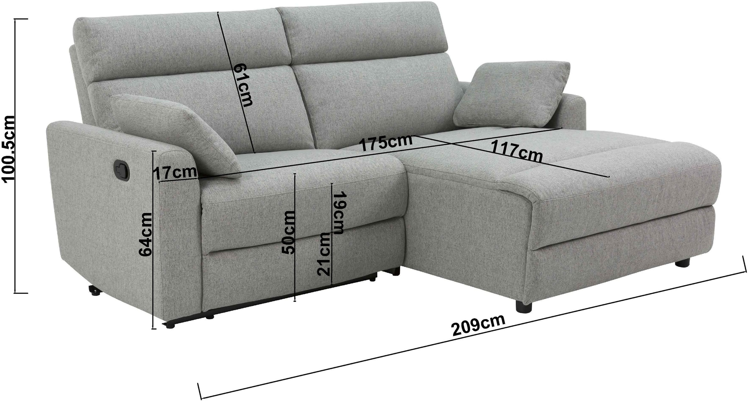 INOSIGN Ecksofa »JENNA, L-Form, 209cm, manuelle u. elektrische Funktion, mit USB A/C,«, Liegefunktion 105°-150°, Federkern, Struktur fein