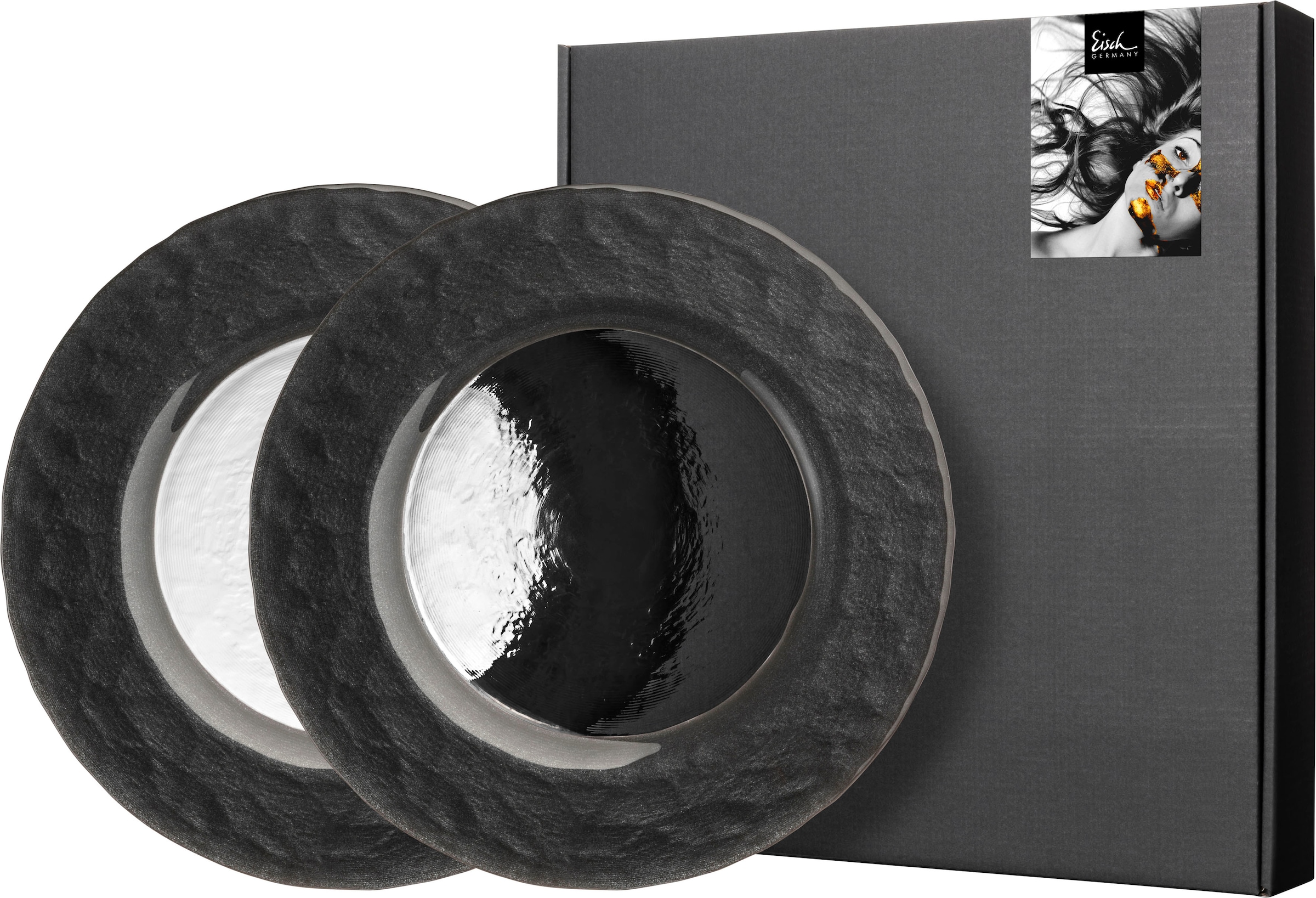 Eisch Teller »KAYA BLACK«, (Set, 2 St.), Veredelung im Schiefer-Look, im Geschenkkarton, Ø 23 cm