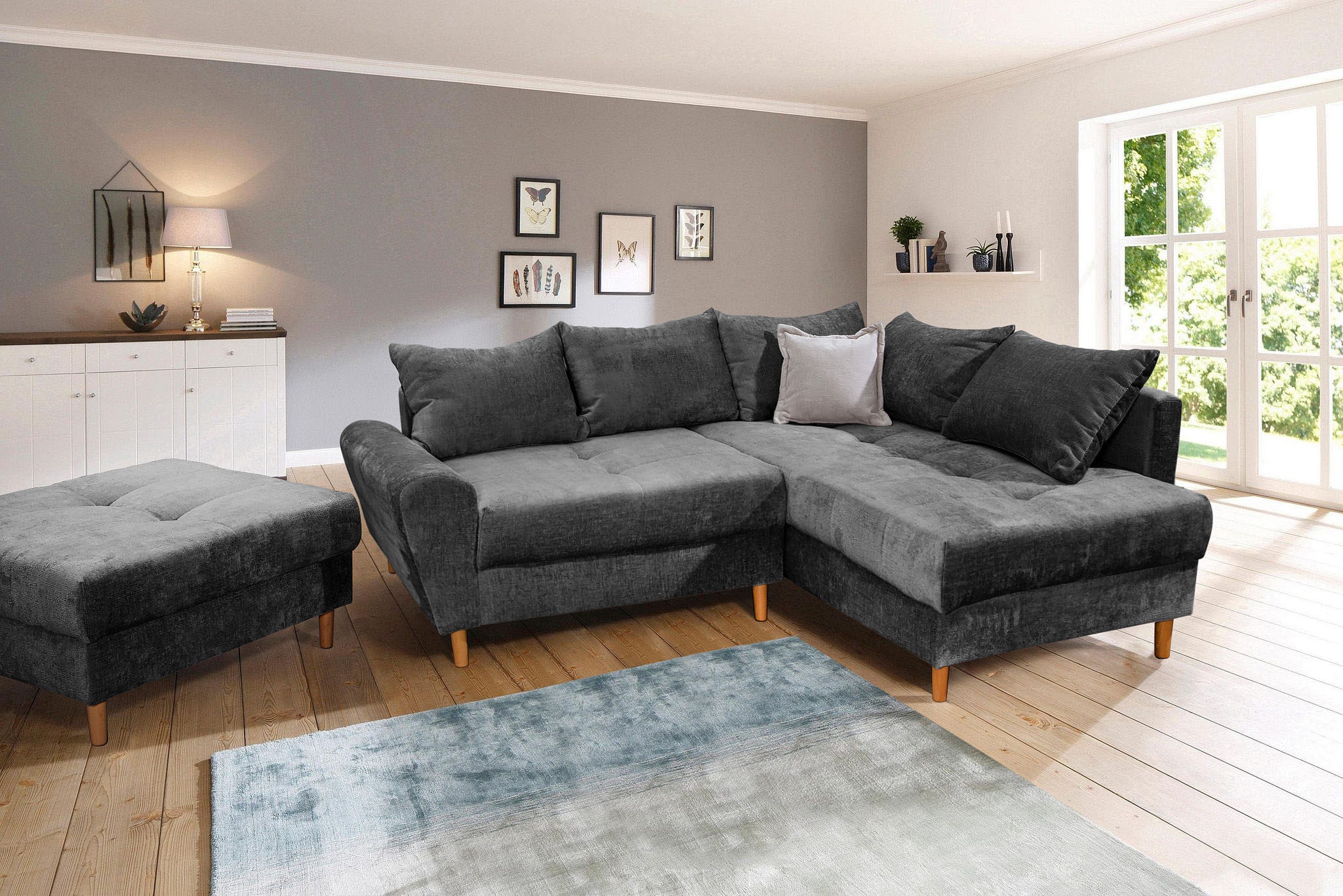 COLLECTION AB Ecksofa »Reims L-Form«, Ottomane beidseitig montierbar, inkl. Bettfunktion und Hocker
