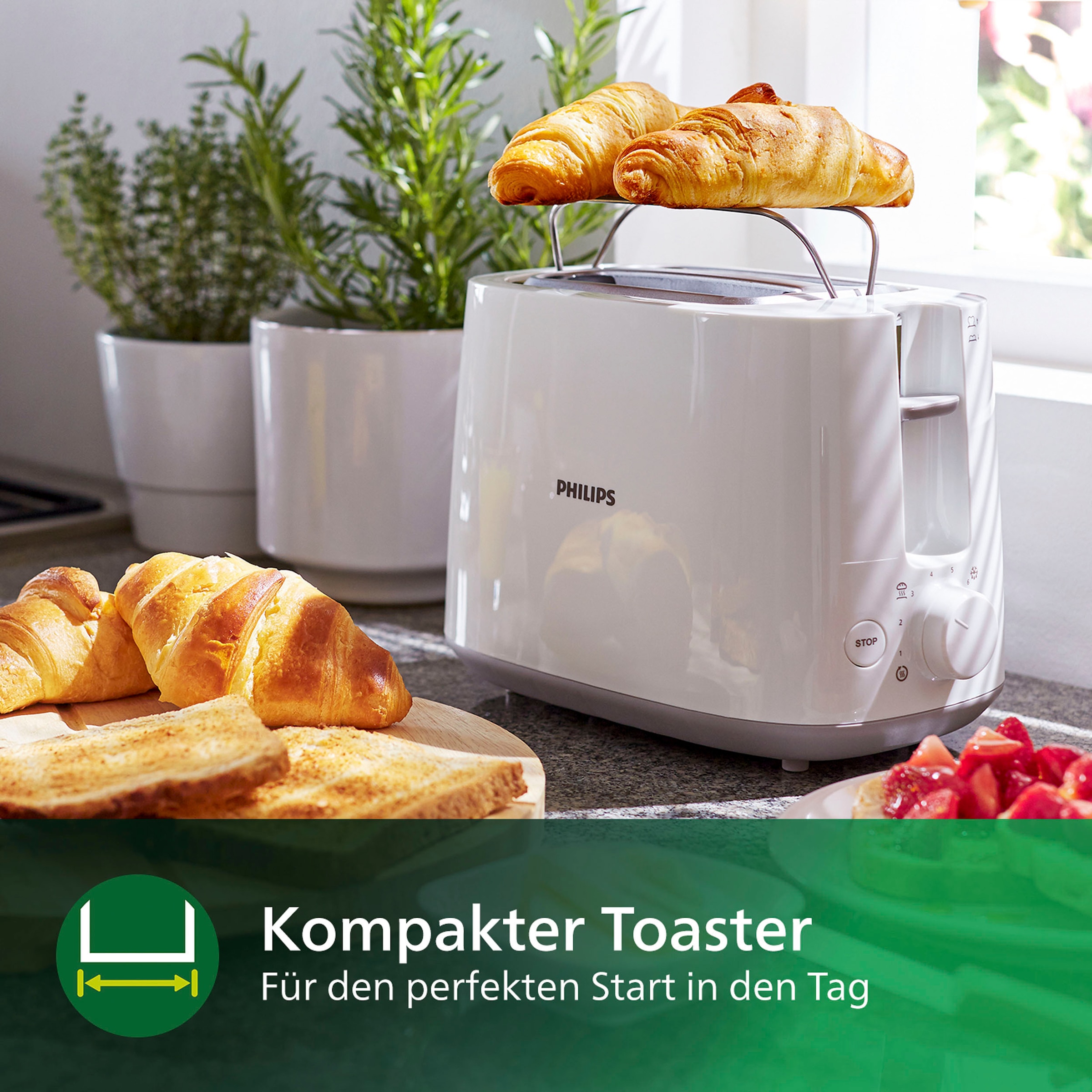 Toaster weiss kaufen »HD2581/00«, online 2 Brötchenaufsatz, Philips W, kurze integrierter 830 Schlitze,