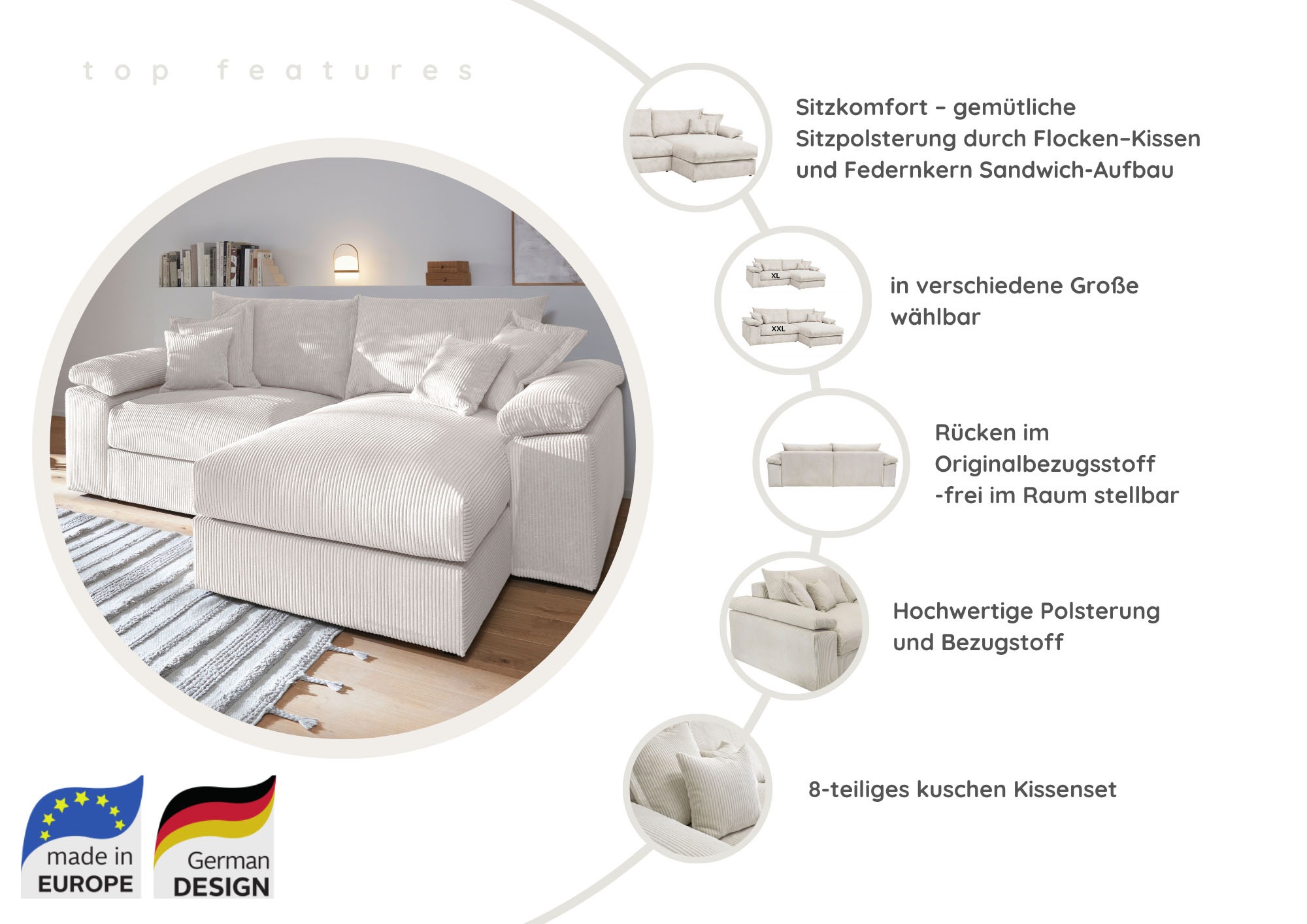 Home affaire Ecksofa »Soft&Cosy XL L-Form - Breite 246 cm«, Mega-Sofa, Cord oder Chenille-Struktur, Federkern-Polsterung