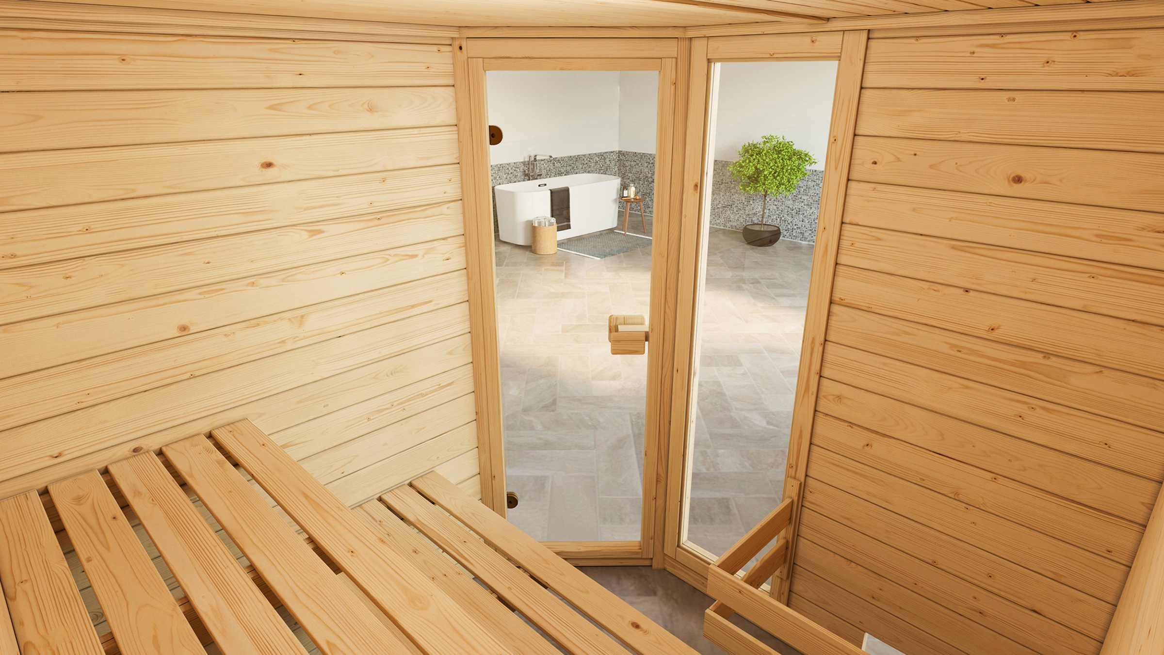 weka Sauna »Massivholzsauna VALIDA Eck 2« Blockbohlen, Fensterelement, moderne Ganzglastür